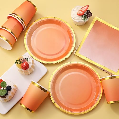 Miniatura 6 de Platos de papel naranja para decoración de fiesta, 168 piezas, platos y servilletas naranjas para 24 invitados, platos de papel de otoño,
