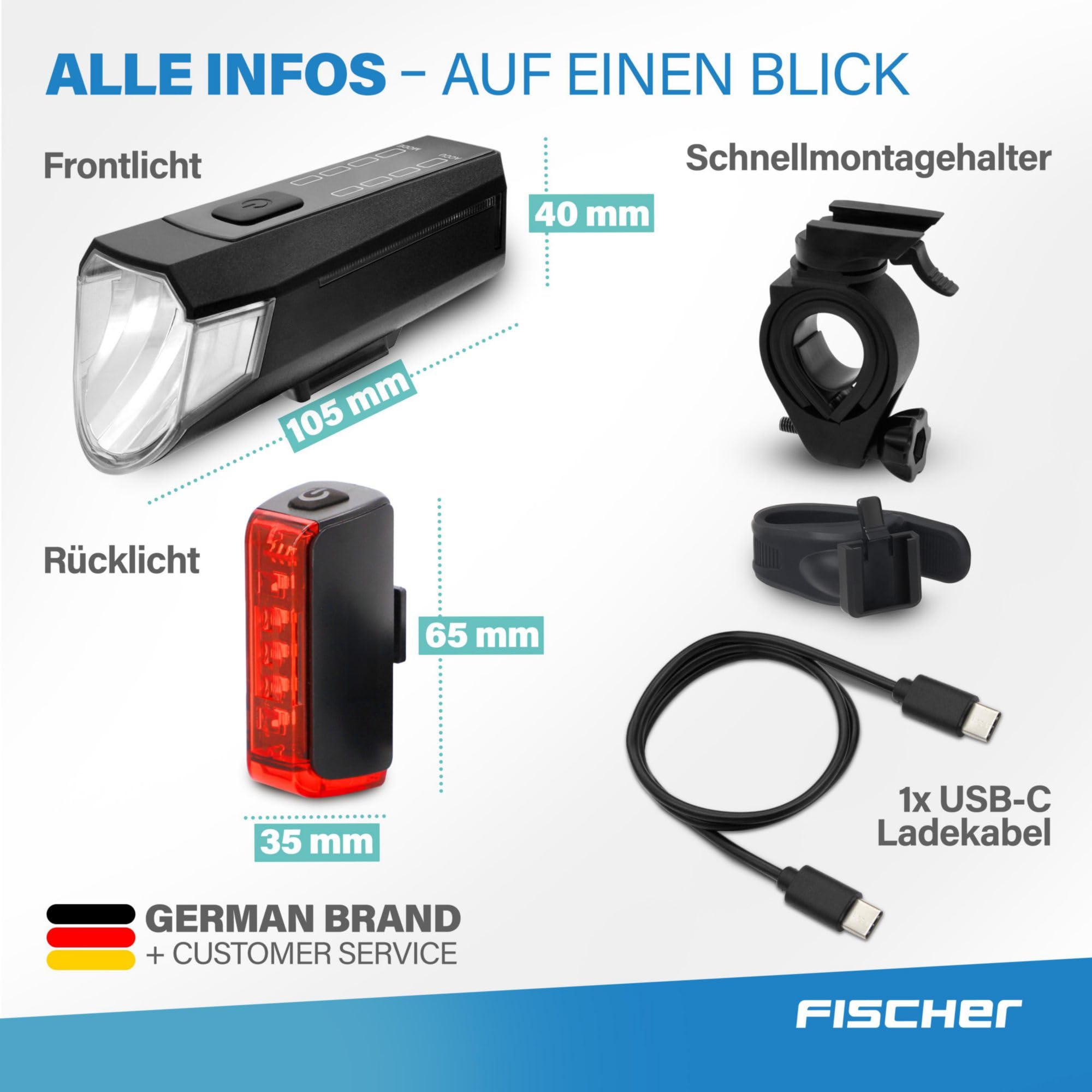 FISCHER Set di luci doppie per bicicletta, illuminazione a 360°, lampada a LED per bicicletta, 80 Lux, batteria ricaricabile con USB C, montaggio anteriore e posteriore senza attrezzi