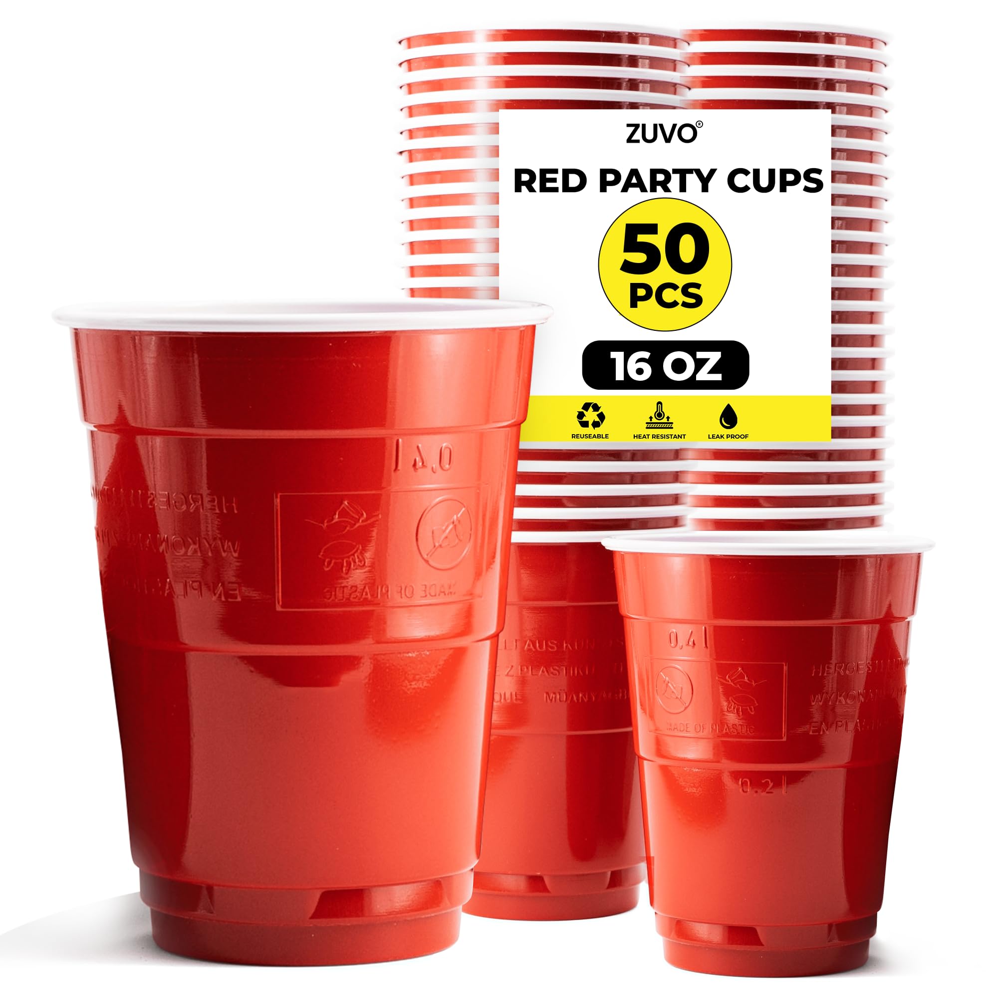 Zuvo Red Party Cups – 16oz Plastic Disposable Cups (Pack of 50) – Durable Red Plastic Cups for BBQs, Birthdays, Events & Beer Pong – Recyclable, Easy to Use, Iconic Party Drinkware