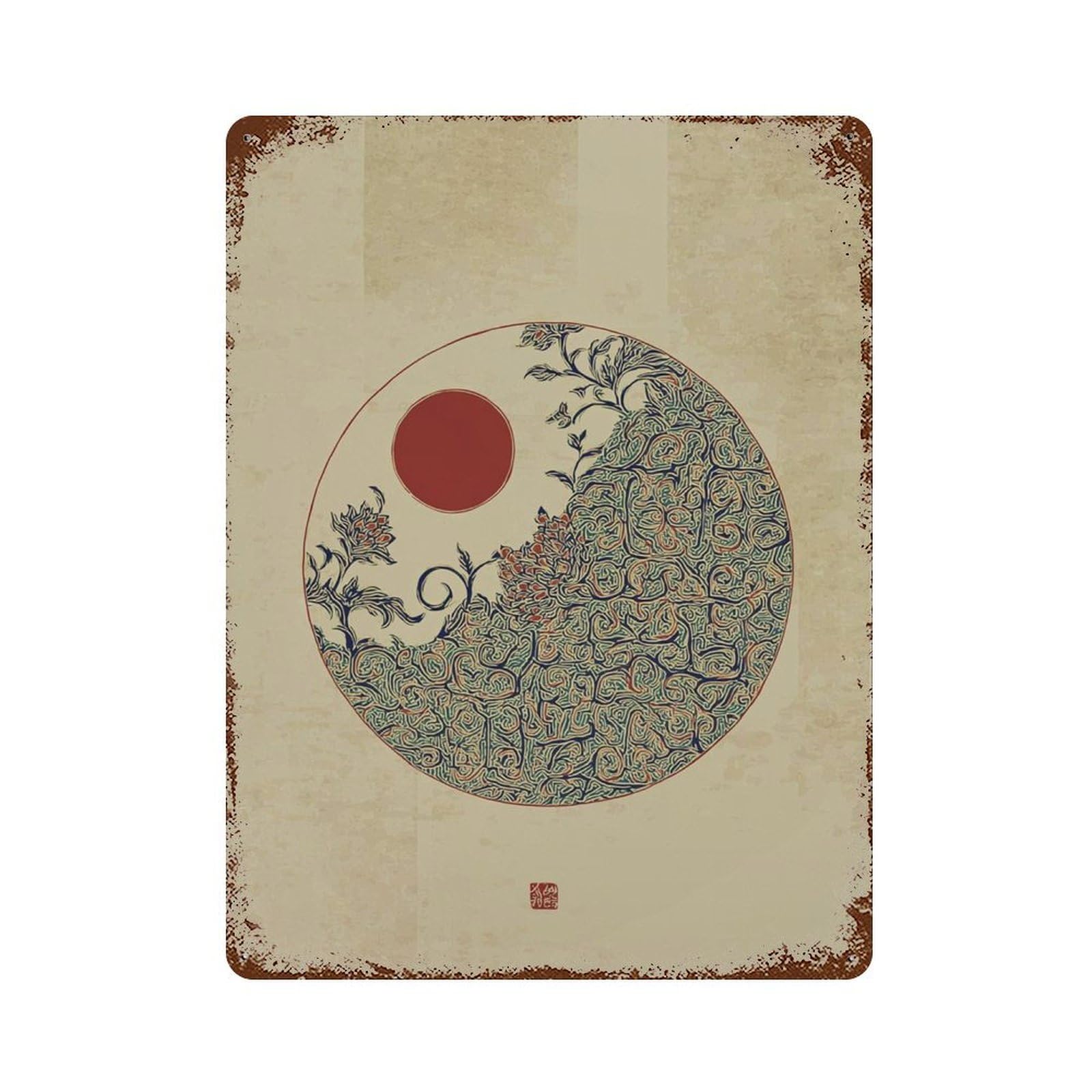 xiaoxiaoshen Japanese Floral Circle Botanical Blue Nature Minimal Zen Interior Living Room Wall Decor Art Metal Tin Poster Modern Home Decor Art Home Bar Shop Decorations Vintage Sign 40x30cm