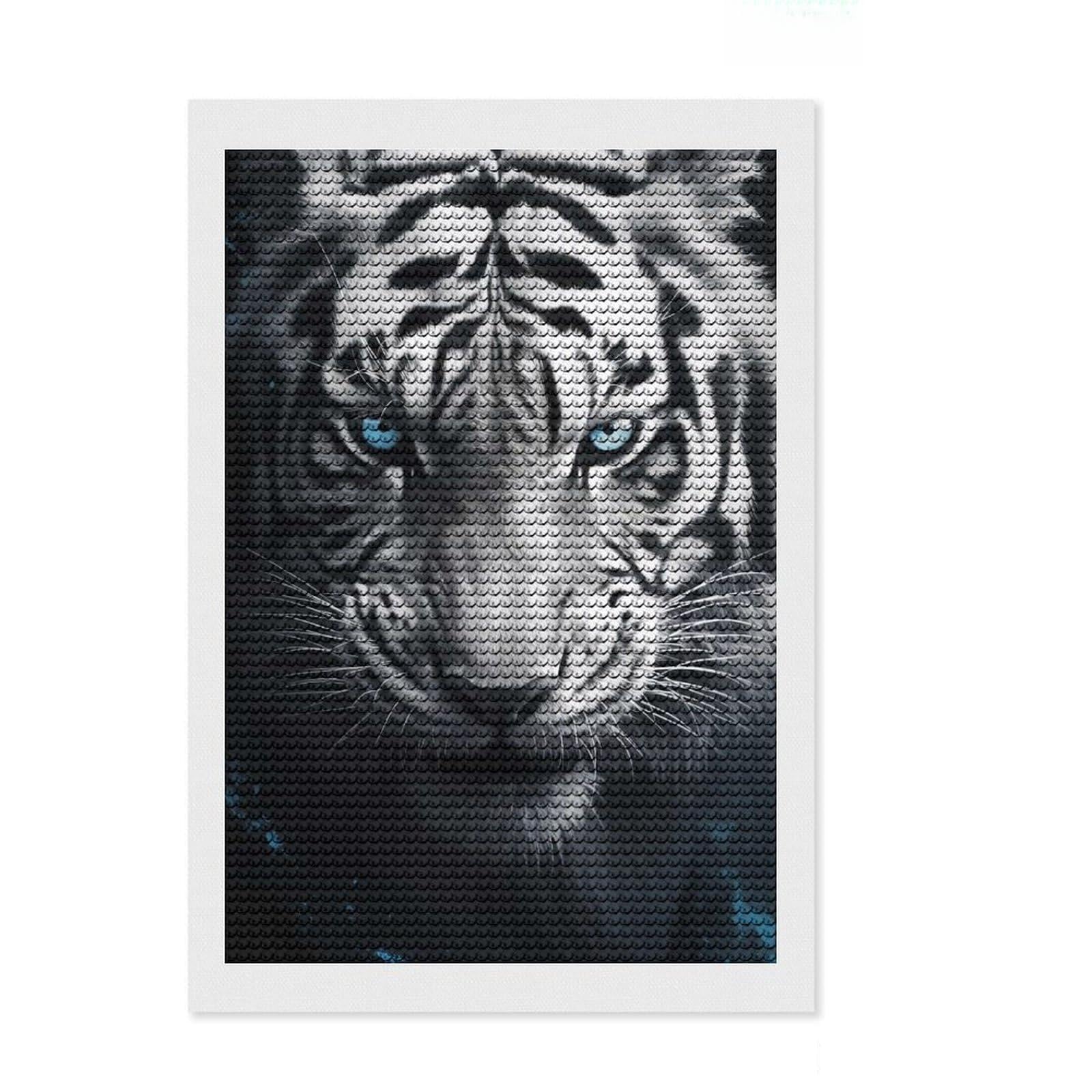 Junmoney White Tiger with Blue Eyes 5D Diamond Painting Kit 8"x12", Round Gems, Living Room Decor, Decorative Artwork, Vintage Style Decor