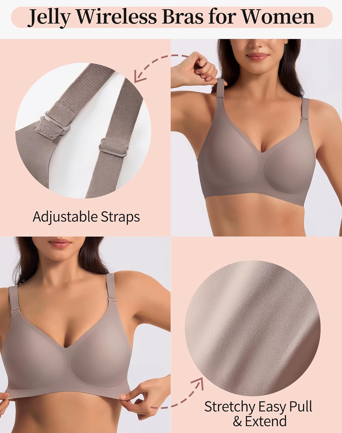 Jelly Bras for Women 2 Pack - Wireless Push Up Seamless Bra V Neck No Underwire Padded Comfortable Tshirt Bralettes - Image 4