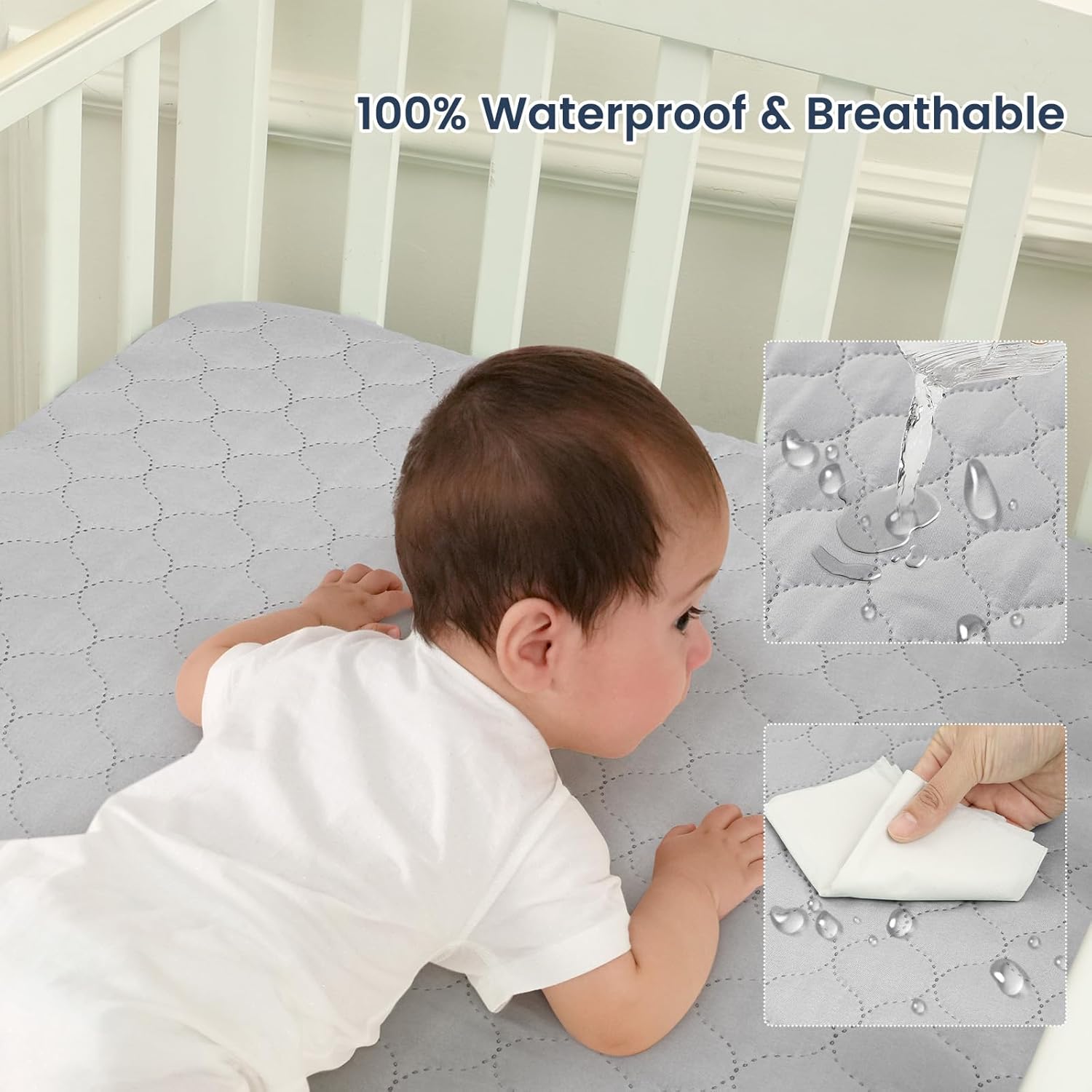 david's kids 2 Pack 52''x28'' Waterproof Crib Mattress Protector Pad Cover Stretch up to 8", Fitted Standard Crib and Toddler Mattresses, Ultra Soft and Breathable for Boys Girls, Grey & Navy Blue