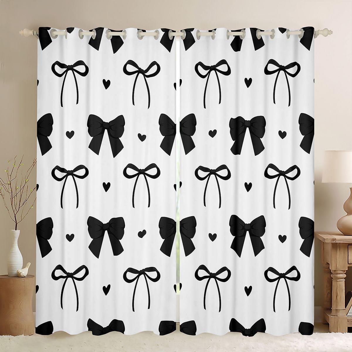 Homewish Dziewczęca kokardka czarna księżniczki zasłony okienne 168 x 183 cm, 2 zestawy paneli - Kawaii zasłony zaciemniające miłość serca zasłony okienne zasłony urocza wstążka kokarda