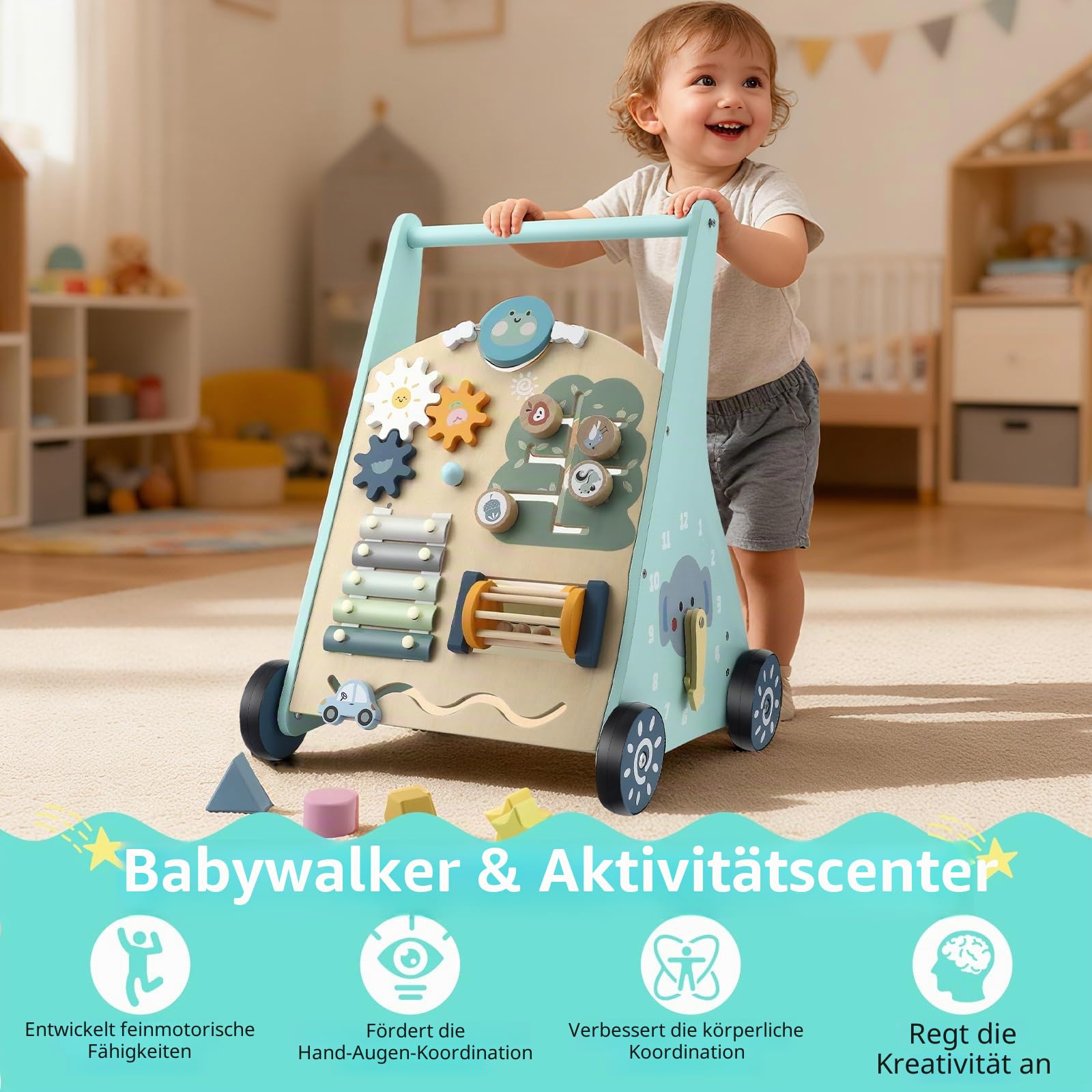 Baby Lauflernwagen aus Holz - Multifunktionale Lauflernhilfe mit Motorikspielzeug - Montessori Lernspielzeug mit Griff - 8 Verschiedene Spielbereiche Geschenk für Jungen und Mädchen ab 1 Jahr