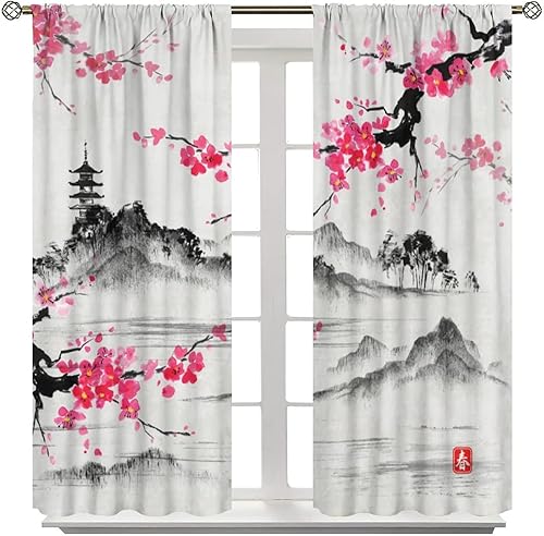 Miniatura 8 de Cortinas asiáticas con diseño de flor de cerezo, pintura de tinta japonesa de primavera, cortinas opacas de bosque de montaña brumosa, para