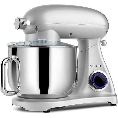 COOKLEE Stand Mixer, 800W 8.5-Qt. Kitchen Mixer 10+1 Speeds with Dishwasher-Safe Dough Hooks, Flat Beaters, Whisk & Pouring Shield, SM-1522NM, Silver