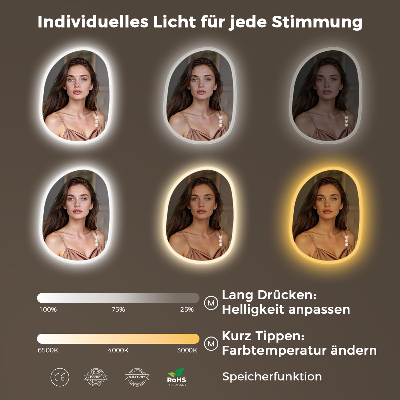 Badspiegel mit Beleuchtung 70 × 90 cm, Rahmenlos, asymmetrisch
