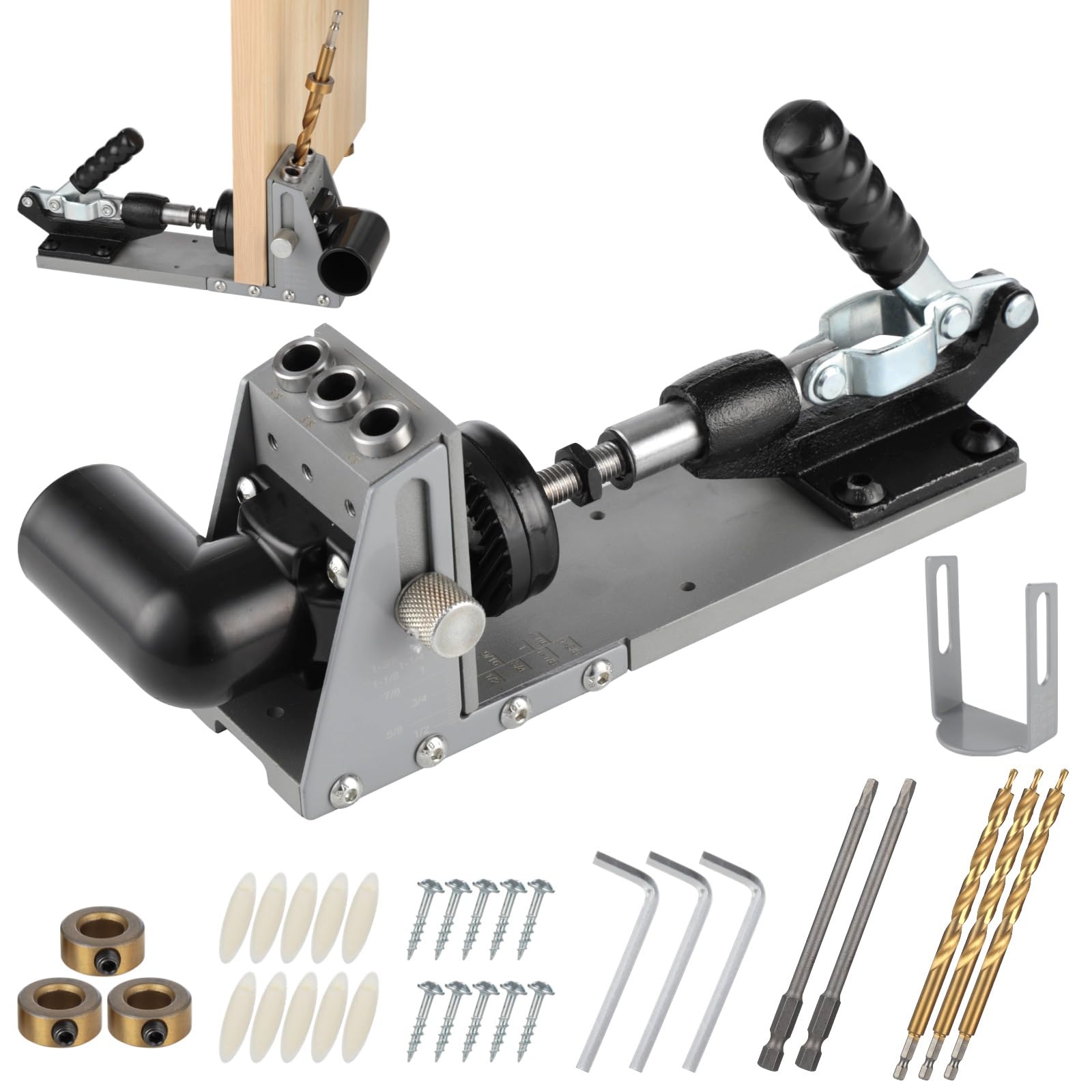 3/8 in Pocket Hole Jig Kit, Adjustable Angle Drill Guide Pocket Hole System with Depth Scale & Dust Collection Port, 9.5 mm Metal Pocket Hole Jig Set with Drill Bits Screws Wrenches Stop Collars