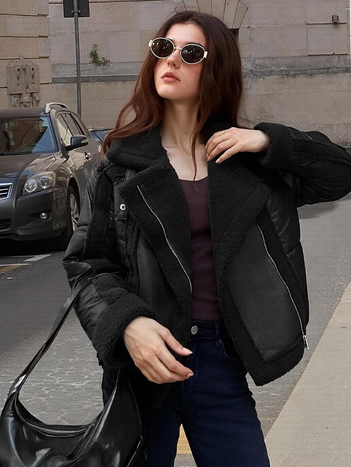 Women's Down Jacket with Faux Leather Thick Warm Winter Casual Fleece Lapel Outwear Zipper Pocket Coat