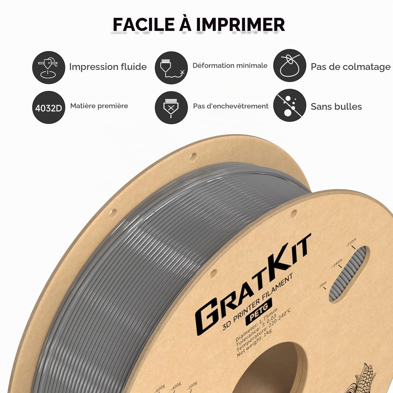 GratKit Filament PETG 1.75mm pour Imprimante 3D, 6KG Gris