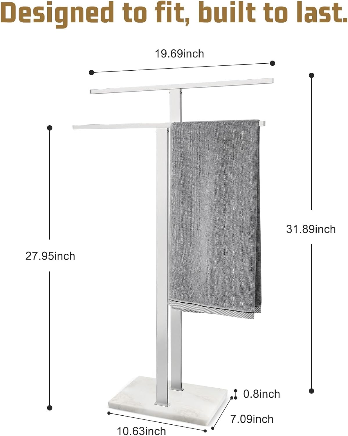 Koville Standing Towel Rack for Bathroom with Marble Base, 2-Tier No-Drill Floor Bathroom Towel Rack with Sturdy 304 Stainless Steel, Easy Assembly Heavy-Duty Towel Stand for Home
