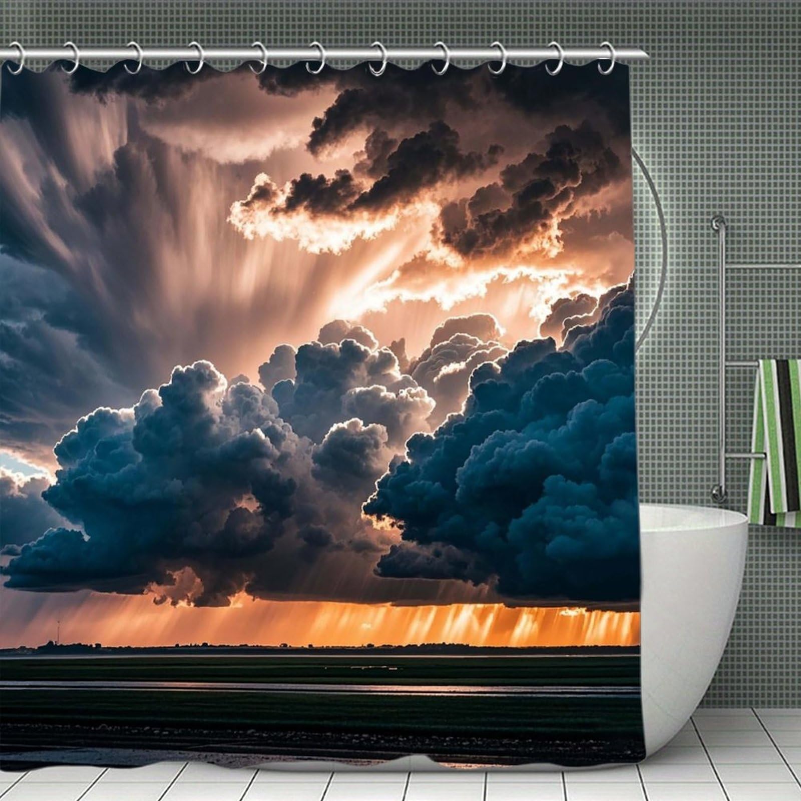 QMNLKH Magnificent Rainstorm Cloud Shower Curtain with Hooks, Waterproof Bath Curtains for Bathroom, Lightweight Bath Curtains Liner for Hotel, Personalized Bath Curtain for Spa, 70.8 Inch