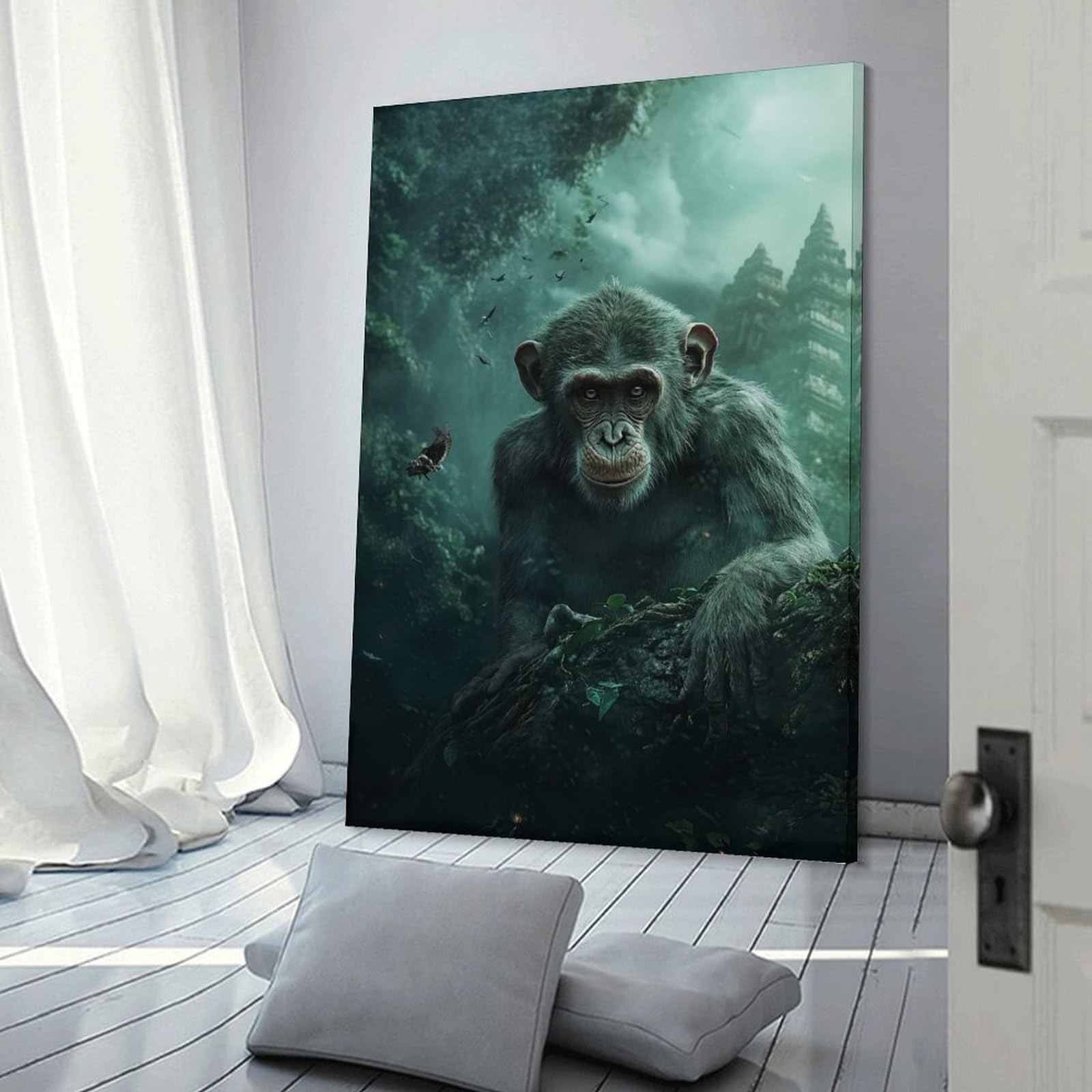 Junmoney Chimpanzee in Jungle Canvas Art Print 24x36inch(60x90cm), for Art Walls, Layered Displays Or Homes, Decorative Artwork with Flexible Styling