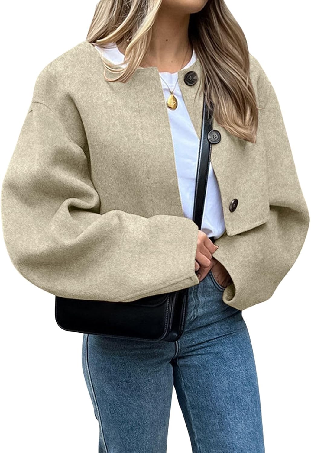CHARTOU Women Cropped Wool Blend Pea Coat Short Jacket Peacoat Long Sleeve Button Down Crop Jacket