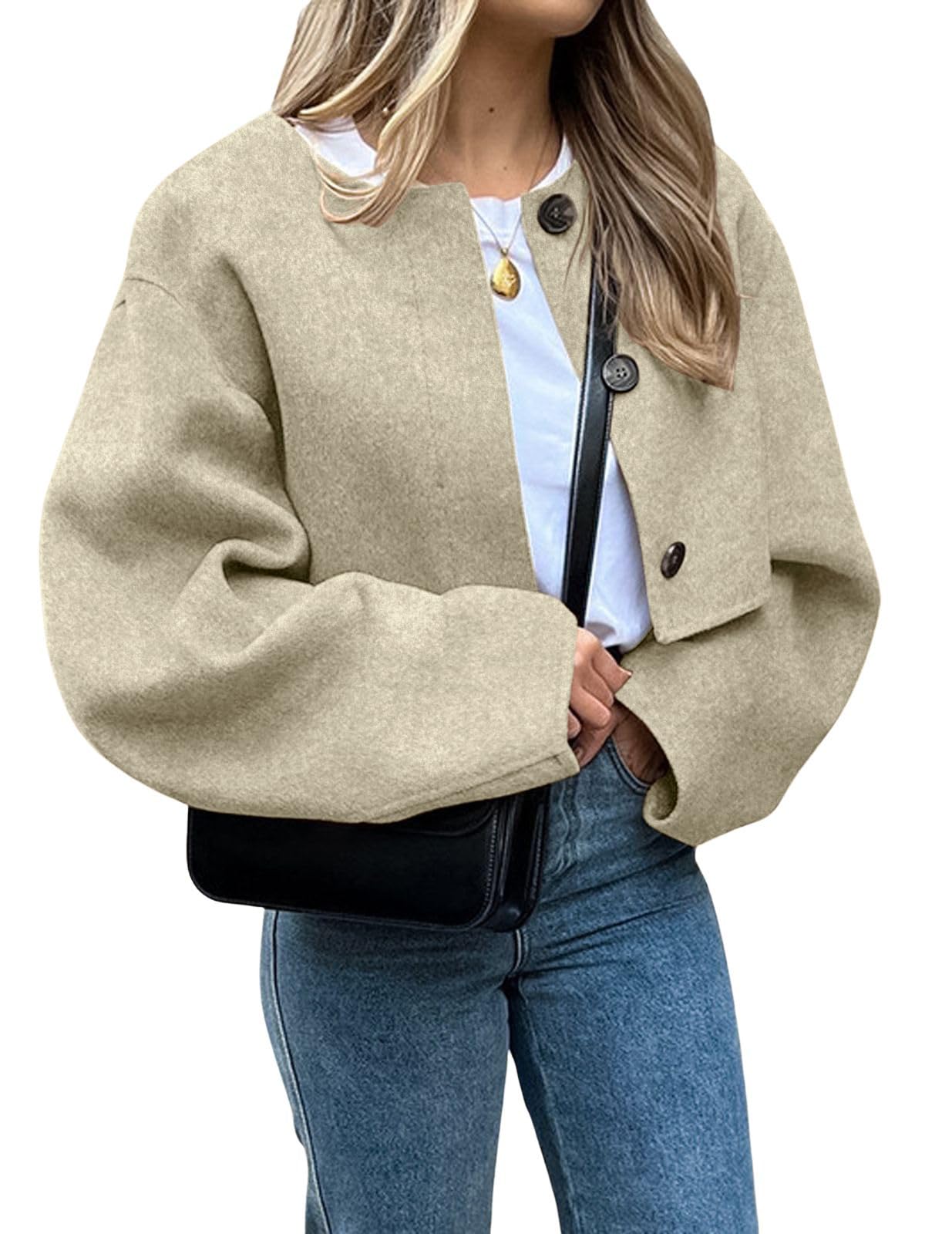 CHARTOU Women Cropped Wool Blend Pea Coat Short Jacket Peacoat Long Sleeve Button Down Crop Jacket
