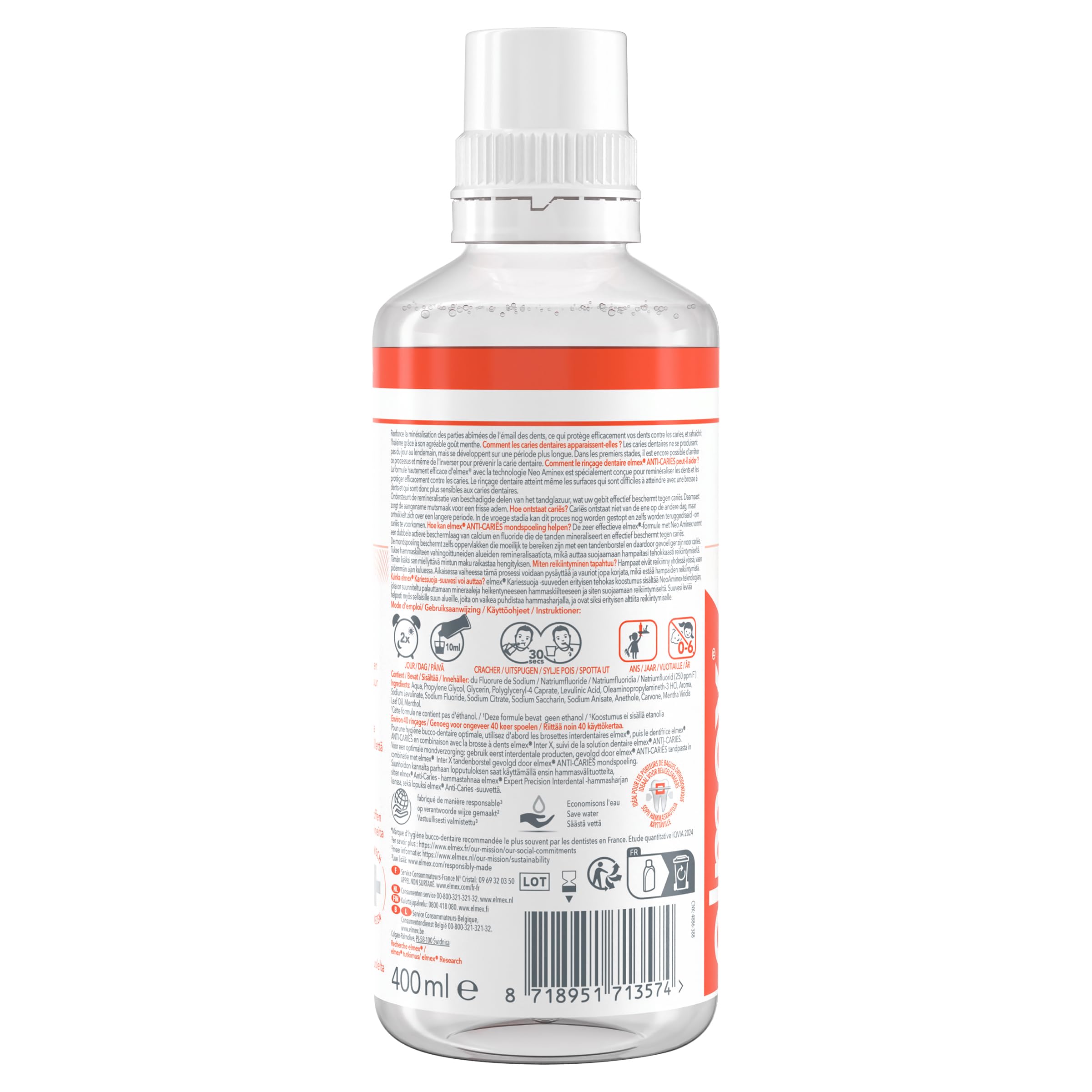 ELMEX Bain de bouche ANTI-CARIES Bouclier Double Protection Reminéralise l'émail sans alcool Saveur Menthe 400mL