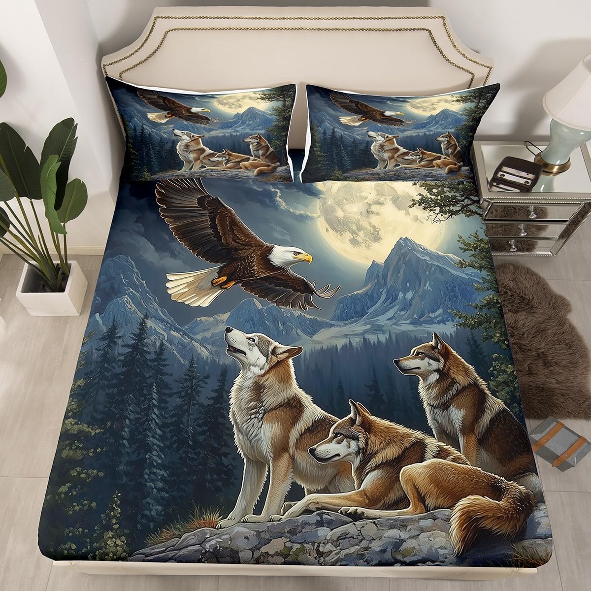 3D Wolves Fitted Sheet,Wild Eagle Bird Animals Bedding Set for Kids Teens Adults,Natural Trees Mountain Moon Jungle Style Bed Sheet with 2 Pillowcases(No Top Sheet),Queen Size 3 Pcs
