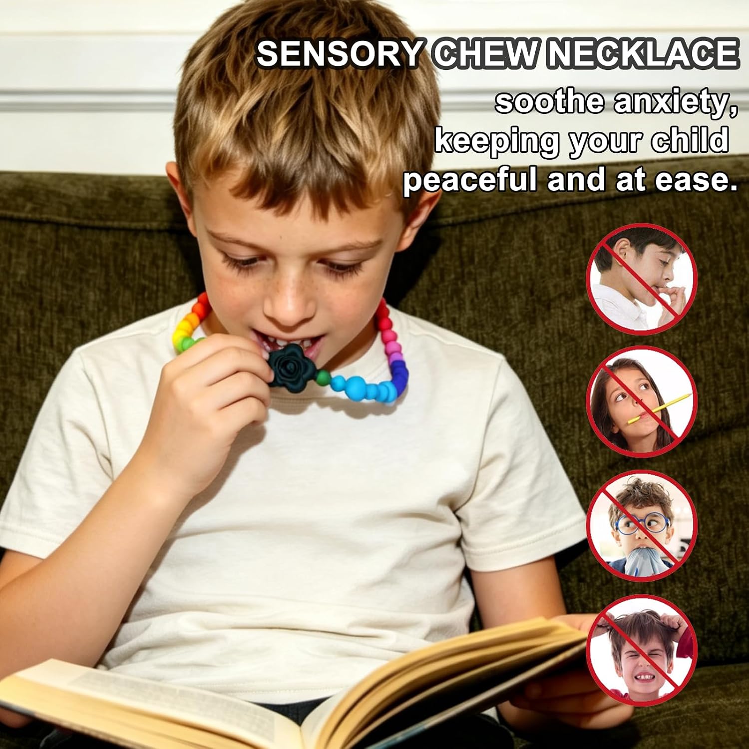 Chew Necklaces for Sensory Kids, Silicone Chewy Necklace Sensory All-in-one Safety Design, Chewing Necklace for Autism, Oral Motor Chew Toys for Kids Boys Girls Adults Reduce Fidgeting & Biting