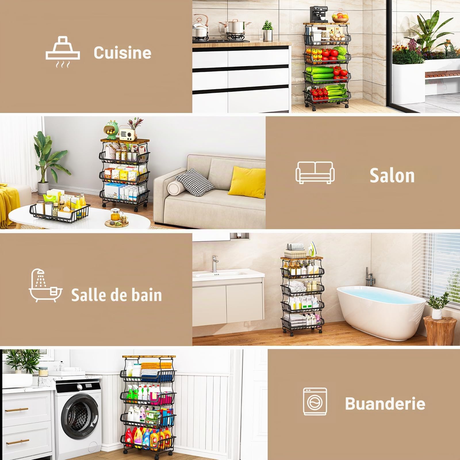 5 Niveaux Organisateur de Cellier Panier à Fruits et Légumes pour Cuisine, pour Étagère, Cuisine, Fruits, Légumes et Salle de Bain Chariot De Rangement à Roulettes