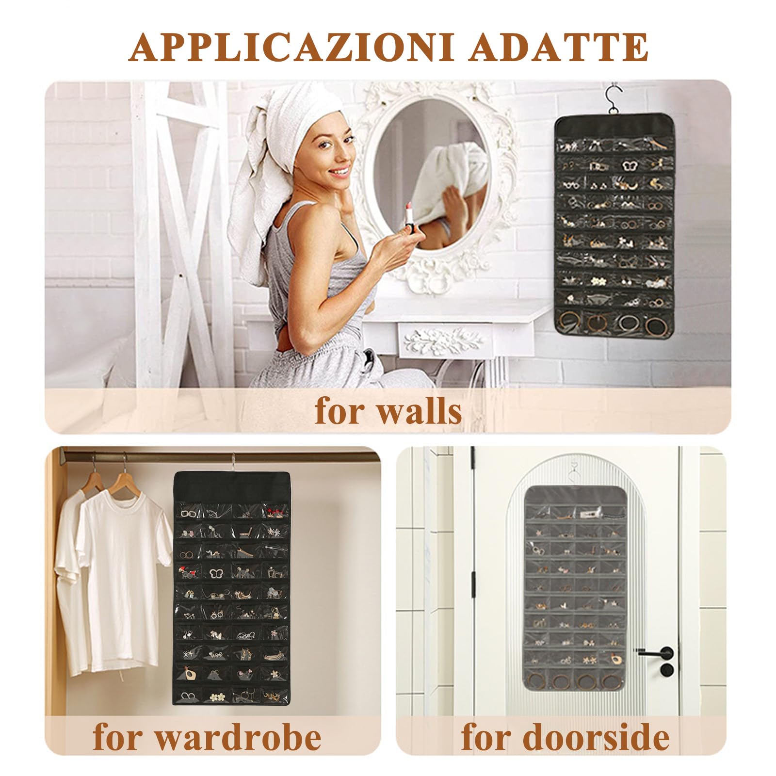 Organizer Gioielli Da Appendere Con 48 Tasche, Doppio Lato Porta Collane Da Appendere Con Tasche In Pvc Trasparente, Porta Gioielli Da Armadio Per Orecchini, Collane, Anelli, Bracciali