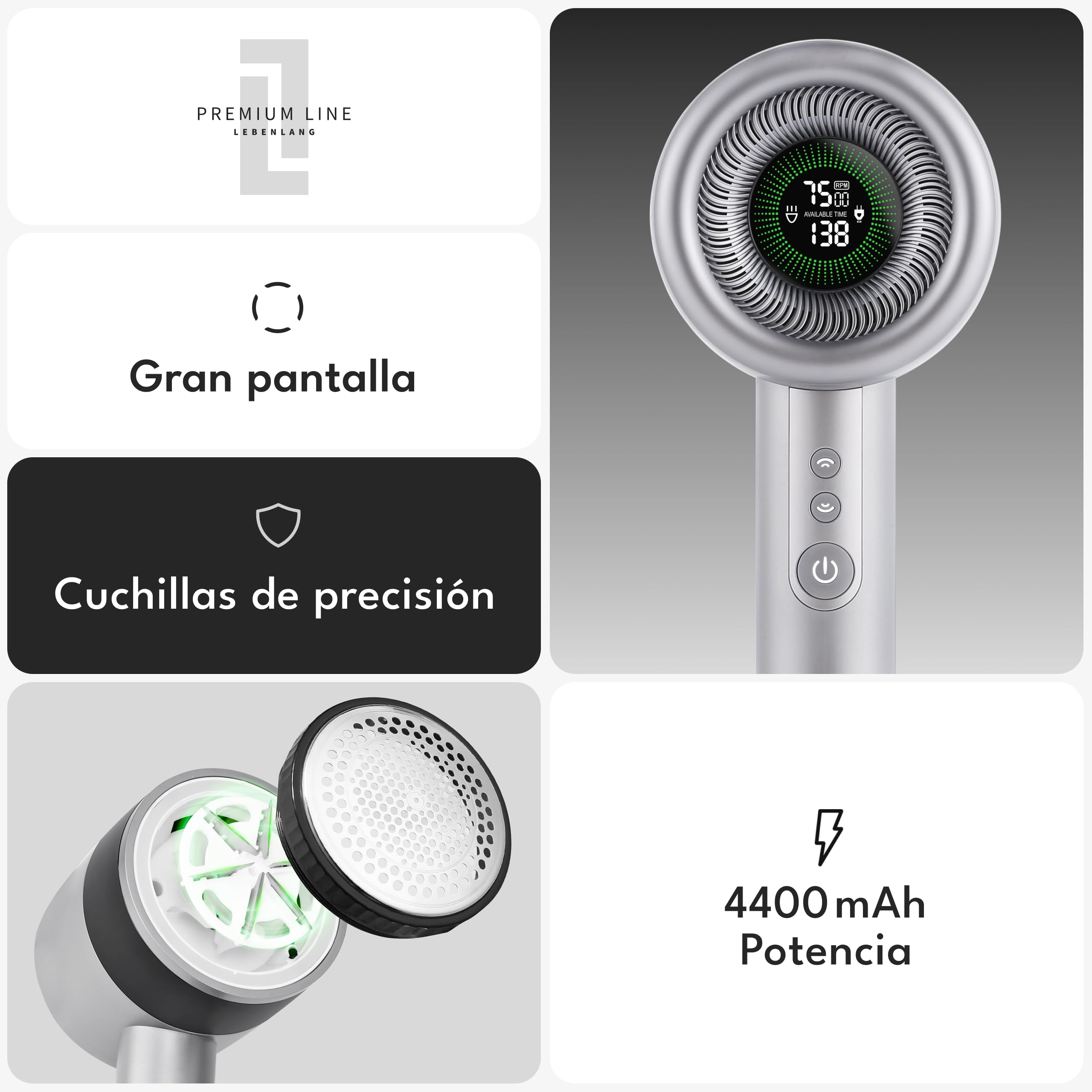 LEBENLANG Premium quitapelusas electrico Recargable 4000mAh - 5 Modos | 3,5h de autonomía I Incl. linterna & pantalla LED I Maquina quita pelusas para Quitar bolas de la ropa bolitas Pelusas lint