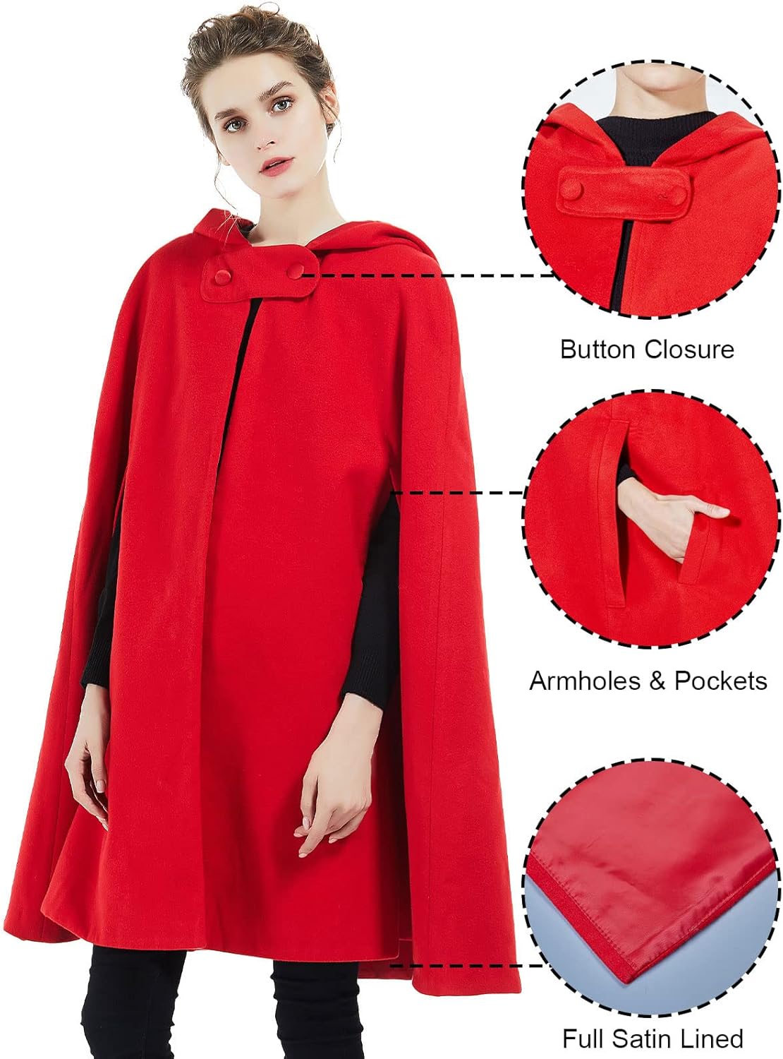 BEAUTELICATE Hooded Cloak Wedding Cape for Women Bridal Winter Robe Wool Blend Halloween Costume Christmas - Image 2