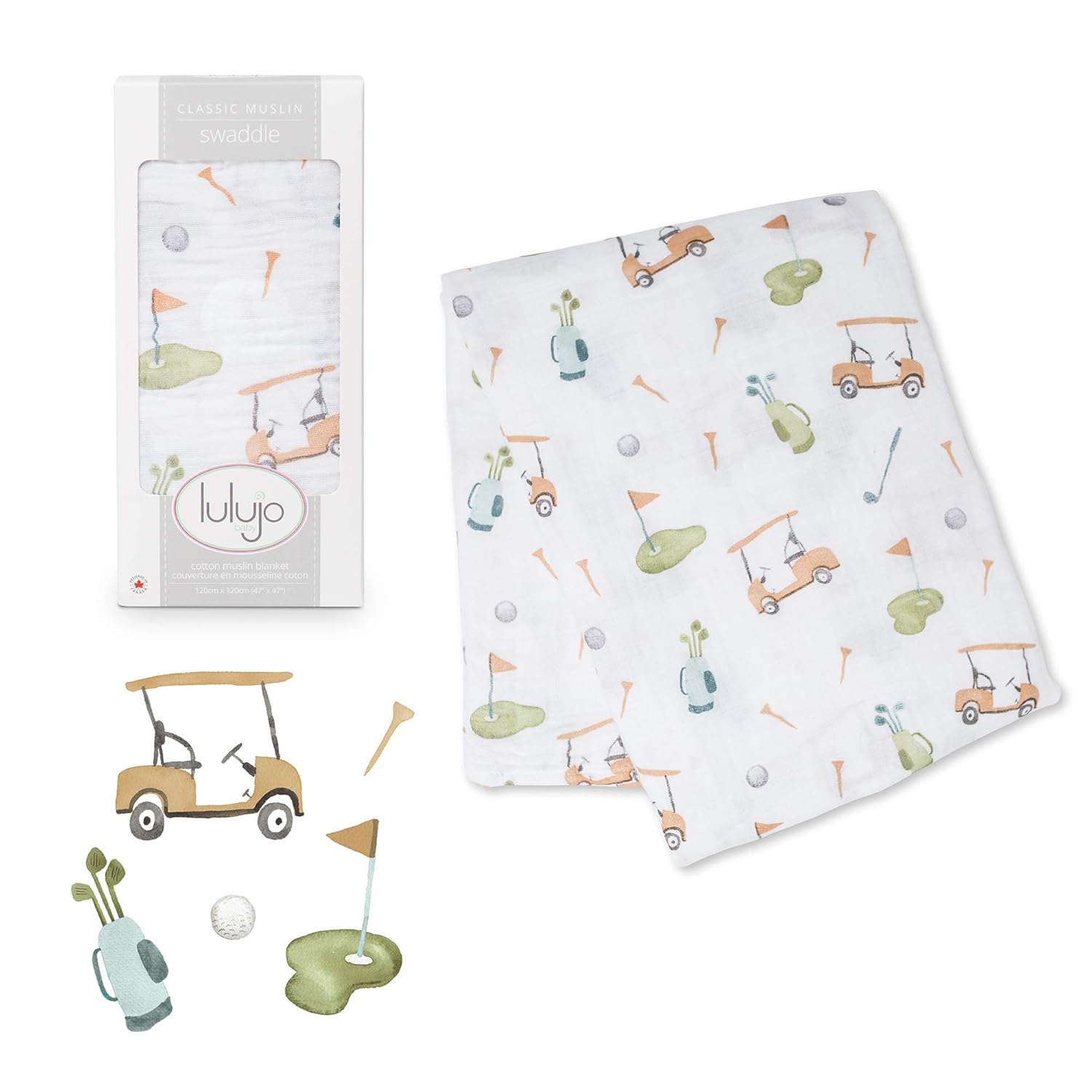 Lulujo Baby Cotton Muslin Swaddle Blanket, 47 x 47-Inch, Golf