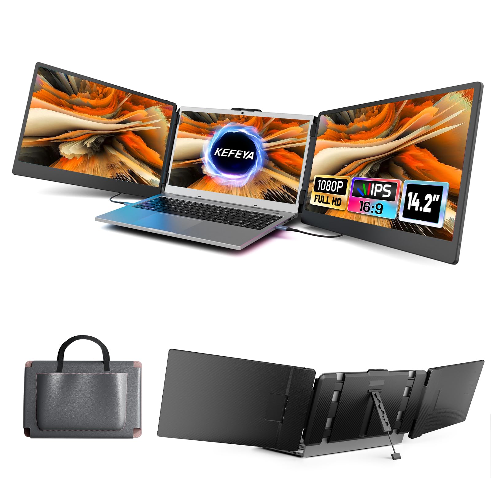 KEFEYA Laptop Screen Extender, 14.2" Portable Triple Monitor for Laptop with Full HD IPS Display, Monitor Extender Compatible with Mac, Windows, Chrome, Fits 13-17 Inch LaptopsKEFEYA Laptop Screen Extender, 14.2" Portable T…