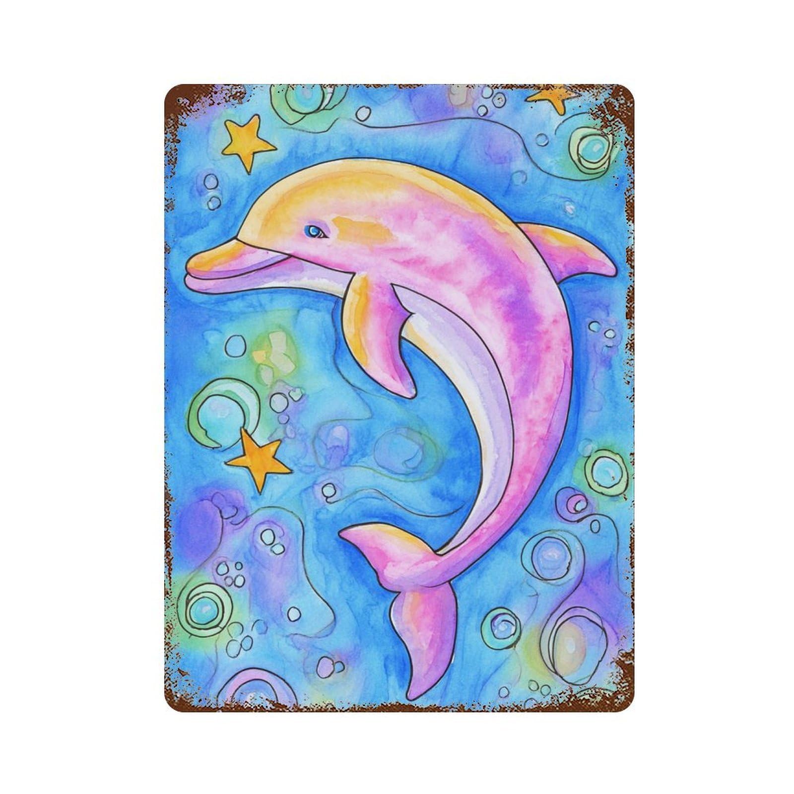 Decorative Tin Sign with Colorful Dolphin Watercolor Art Print-1 Design 15.7"x11.8", for Basement, Hobby Room And Garage Decor, Farmhouse Wall Decor