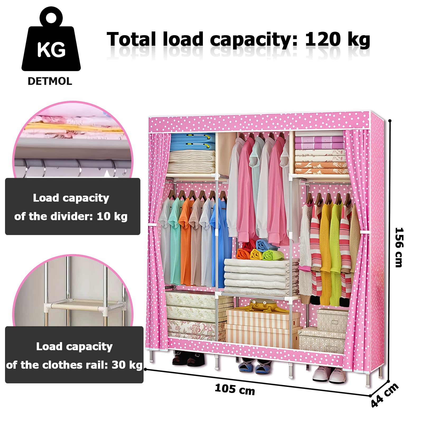 Armario Armario de Lona Armario de Tela Armario de Ropa Plegable Organizador de Almacenamiento con Riel para Colgar,Estantes de Armario para Dormitorio,Rosado-105x46x156cm