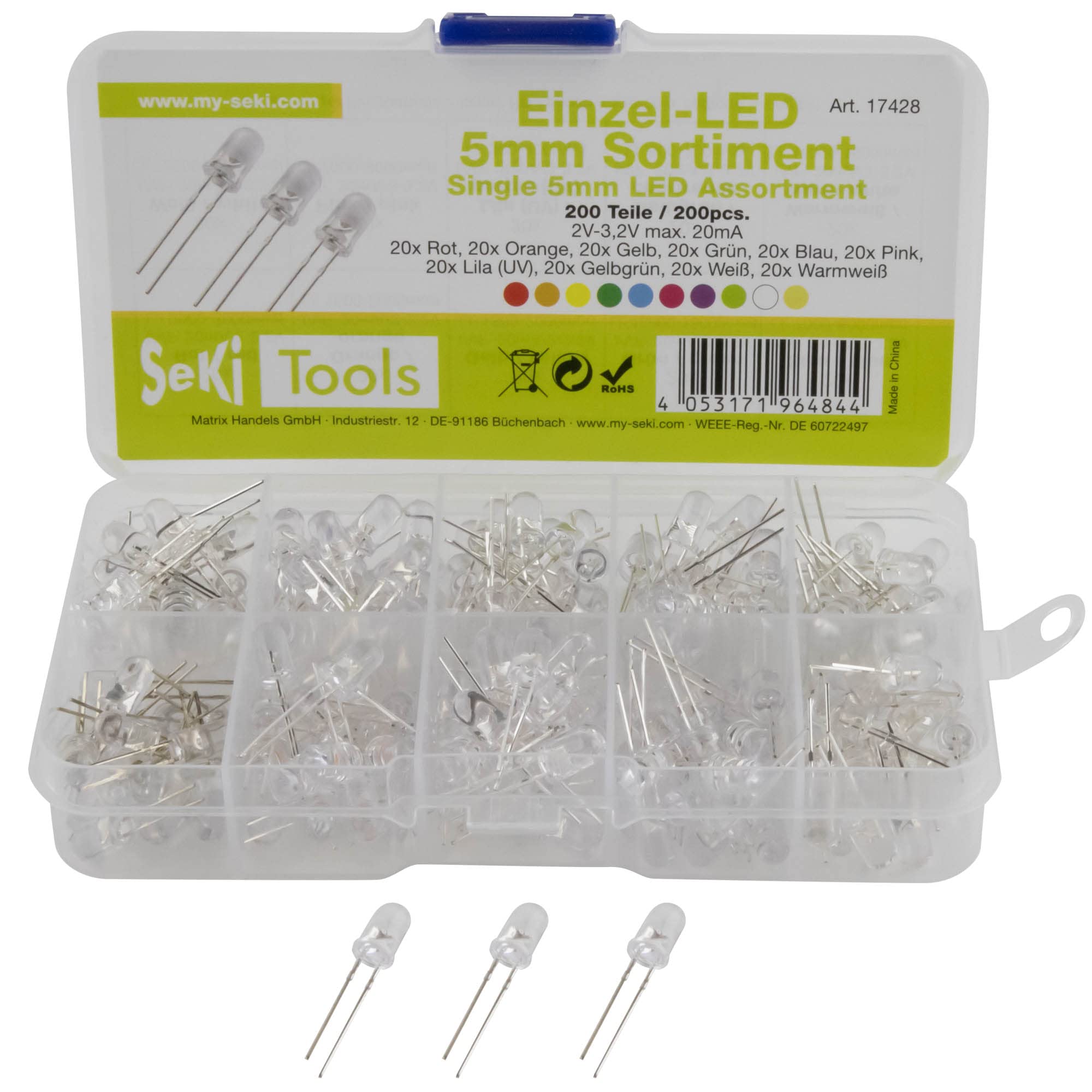 SeKi Assortimento LED con 200 diodi luminosi da 5 mm, 10 valori, rosso, arancione, giallo, verde, blu, rosa, viola (UV), giallo, verde, bianco, bianco caldo, super luminoso