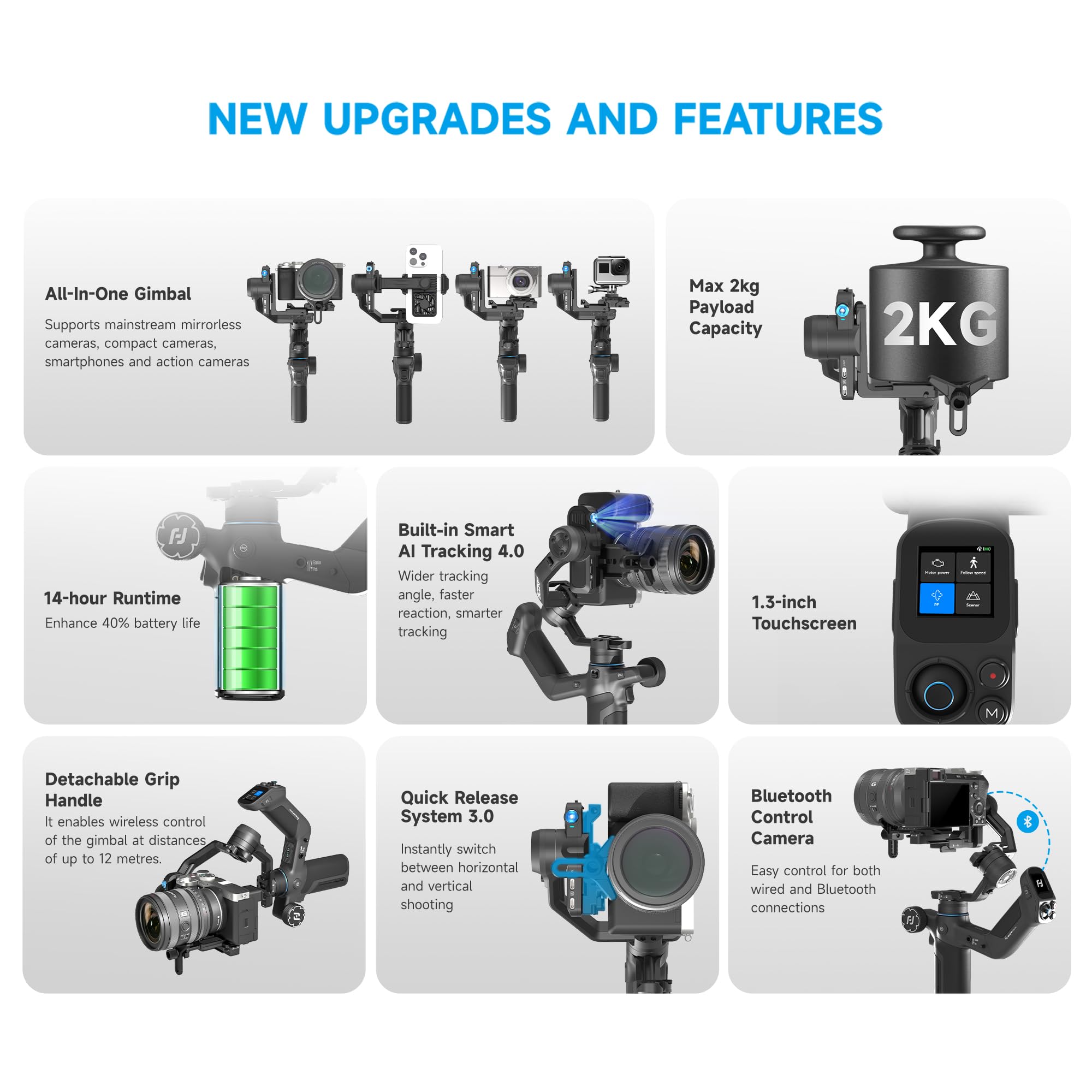 FeiyuTech SCORP Mini 3 Pro-3 Axis Stabilisateur de cardan tout en un, suivi IA 4.0 intégré, poignée détachée, charge utile de 2 kg, contrôle gestuel, port d'extension 6,35 mm, pour appareil photo et
