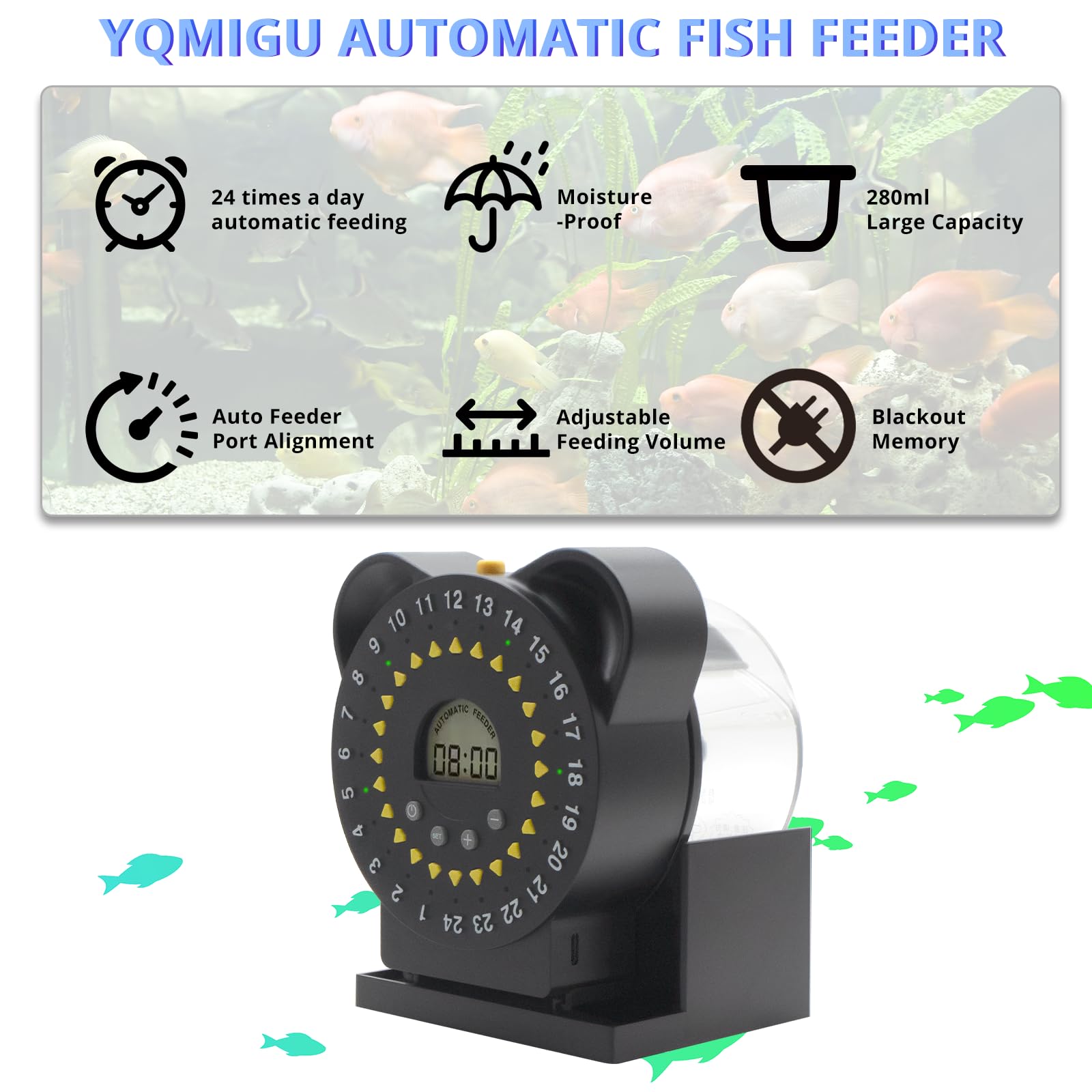Mangeoire à poissons pour aquariums avec écran LCD, alimentation automatique USB, jusqu'à 24 repas par jour, avec conteneurs alimentaires de 280 ml, anneau d'alimentation pour poissons