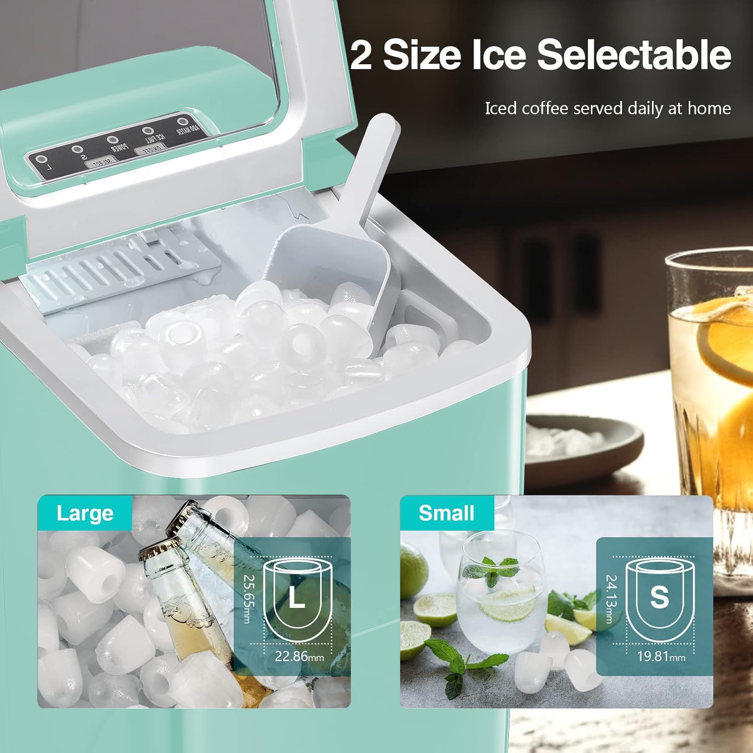 R.W.Flame Countertop Ice Maker 9 Bullet Ice Cubes In 6 Mins, 26lbs/24hrs, Ice Maker Machine With Self-Cleaning, Basket And Scoop For Home Office Kitchen Bar Party, Green on Fridge.com - View 4