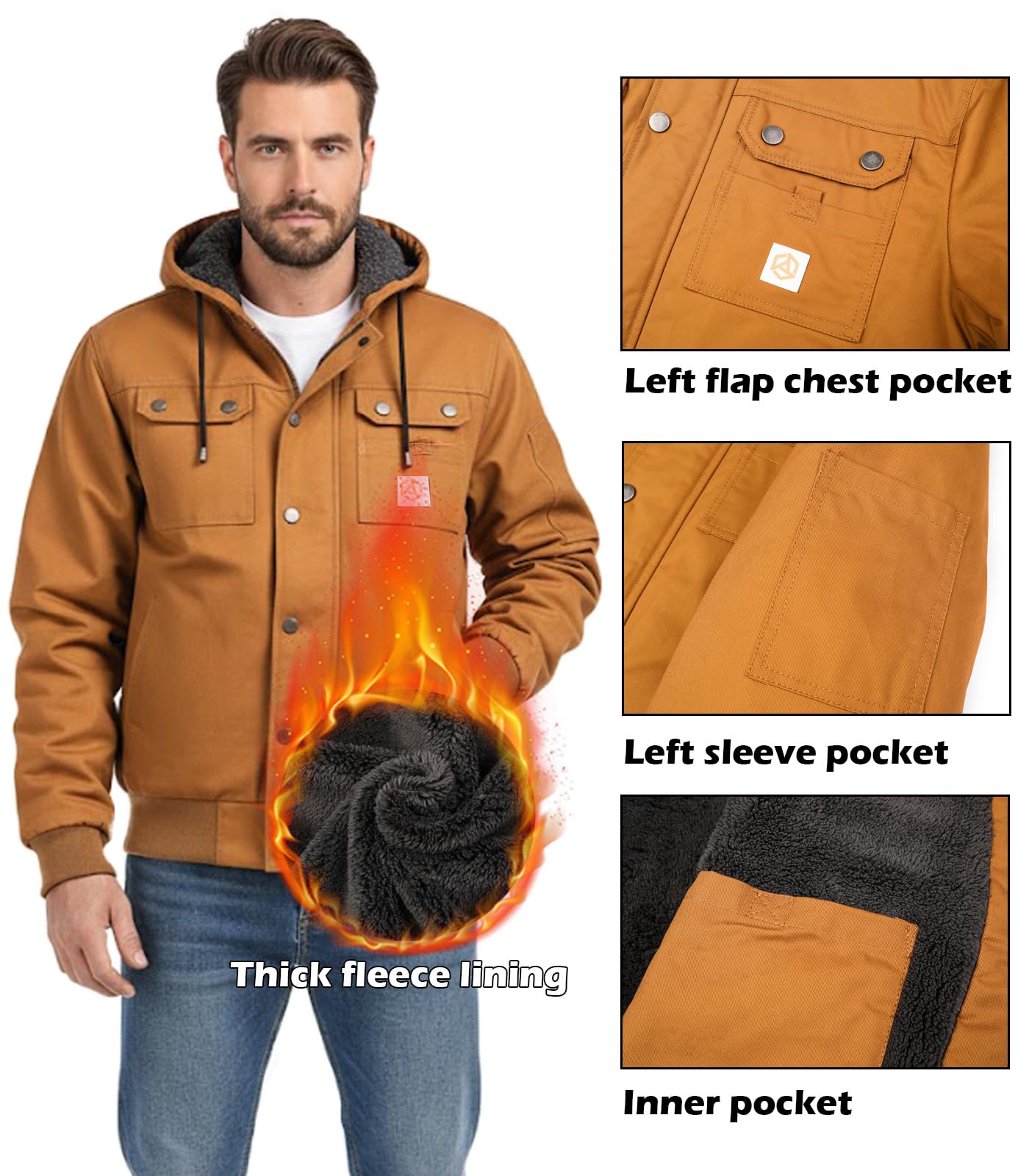 CARWORNIC Herren Kapuzenjacke Winterjacke Fleece Gefüttert Baumwolle Winddicht Casual Arbeitsjacke