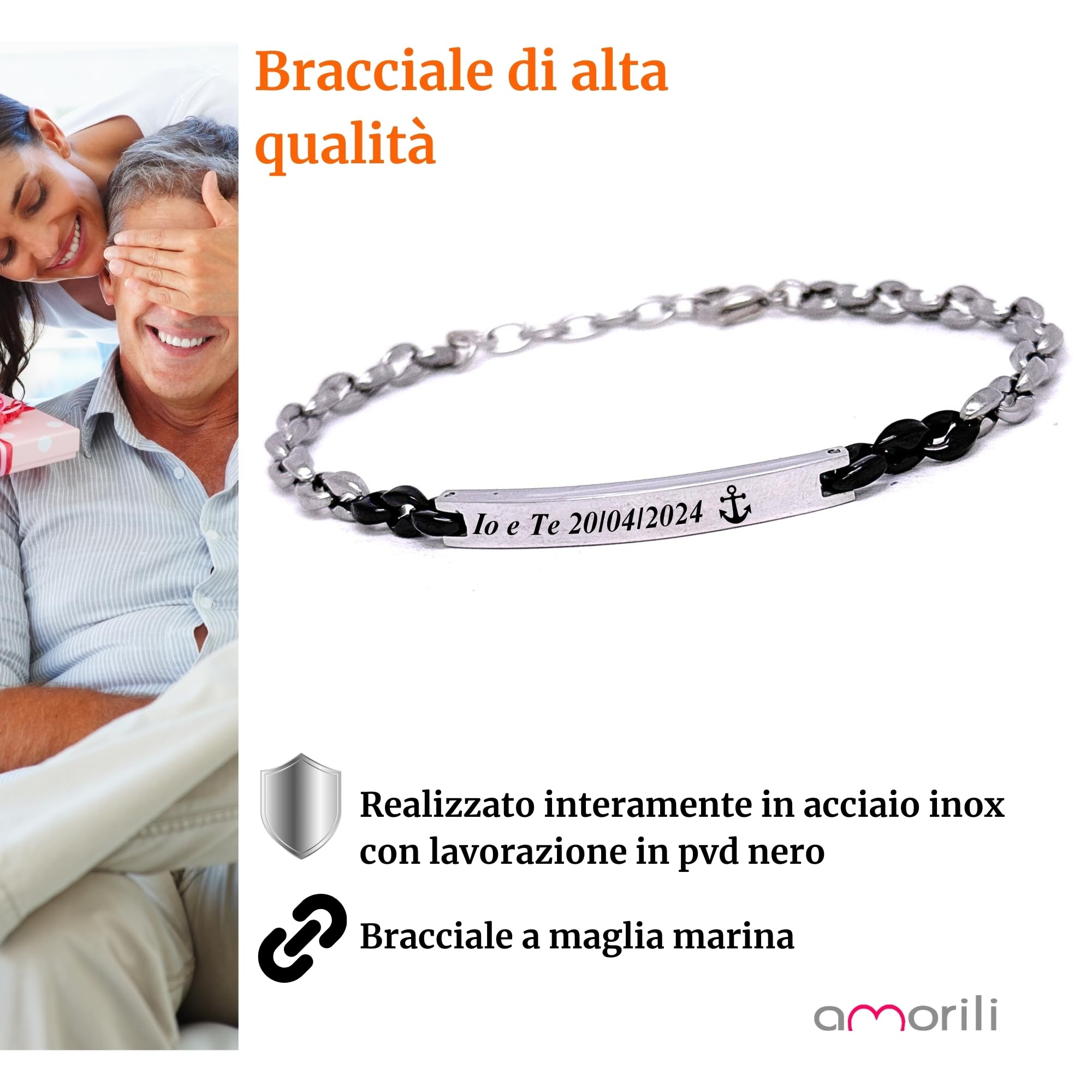 Bracciale Uomo Personalizzato in Acciaio Inox Maglia Marina con Incisione | Braccialetto Maschile Elegante Regolabile | Gioiello Personalizzabile Idea Regalo per Lui bcc3112