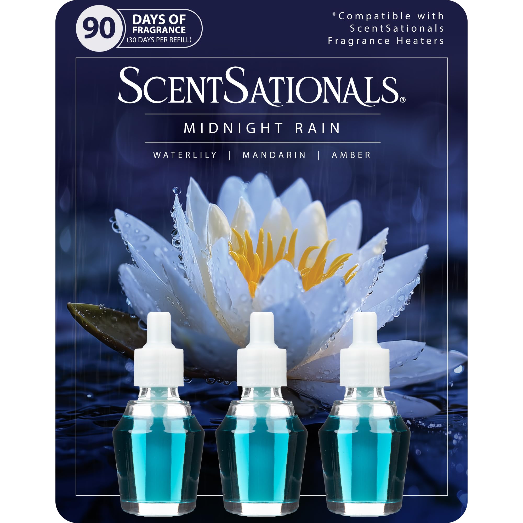 Scentsationals Fragrance Oil Plug In Air Freshener Refills 3-Pack - Midnight Rain - Works with Scentsationals Wall Plugs, Long-Lasting Home Fragrance,