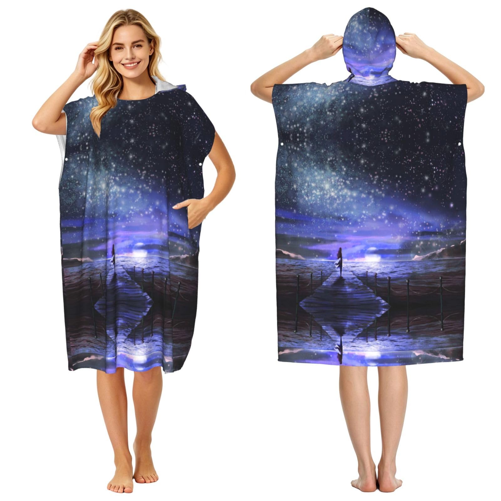 Esnaiuvcd Girls Black Looking At Stars Print Changing Robe, Hooded Towel Poncho For Swimming Pool, Beach,Quick Dry & Light Weight Towelling Poncho For Adults Women Men