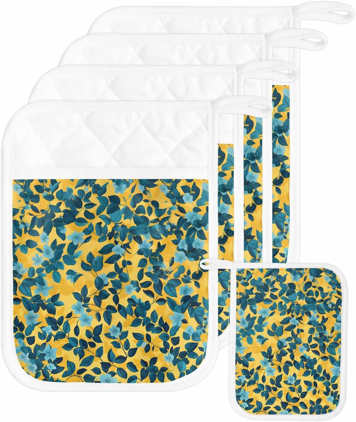 4PCS Pot Holders with Pocket for Kitchen, Flower Leaf Pot Holder Set Heat Insulation Potholders, Country Pastoral Floral Botanical Plant Oven Mitts Hot Pads for Baking Cooking Barbecue