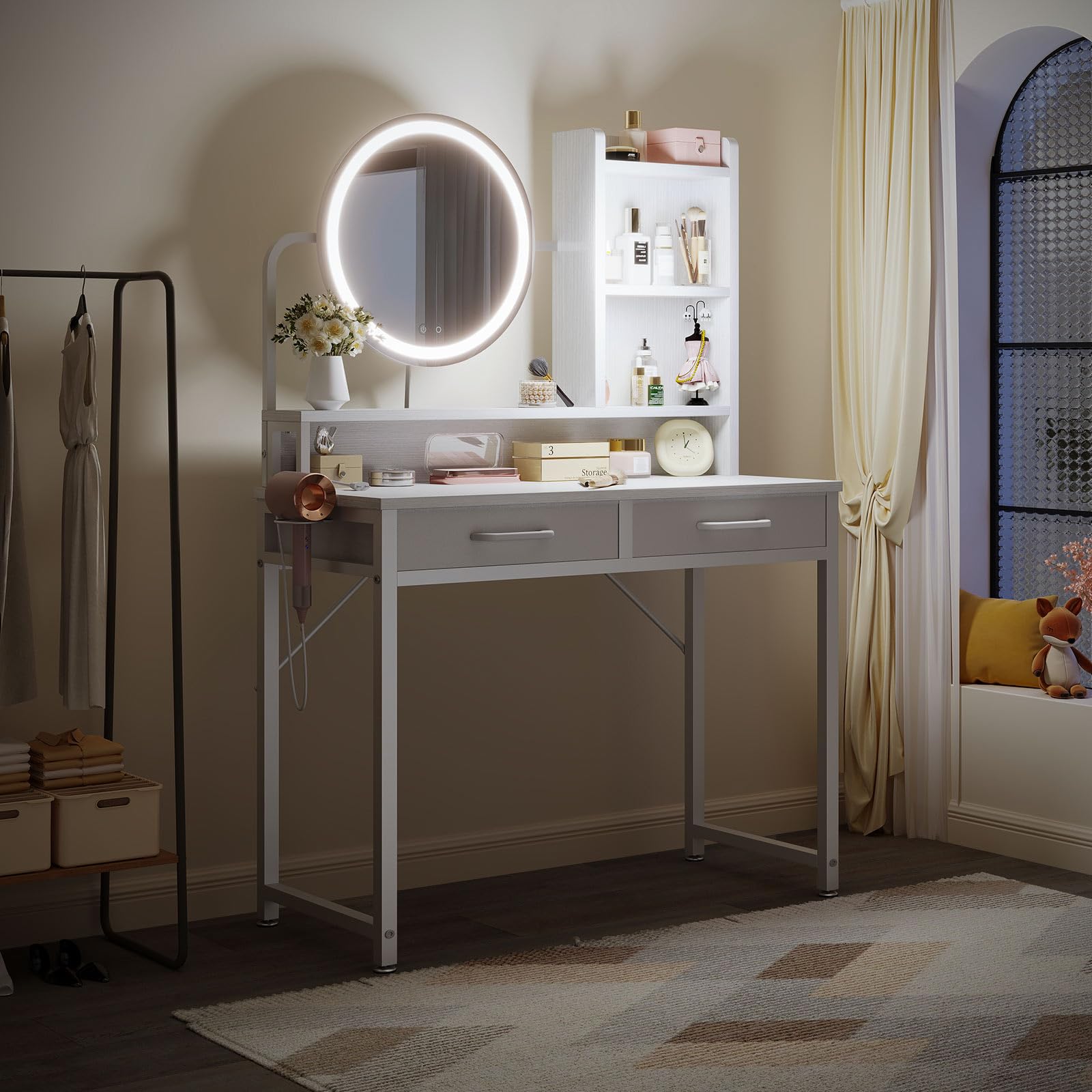 ODK Schminktisch mit LED-Lichtern, Verstellbare Helligkeit & Höhenverstellbar für 120-180 cm, 2 Stoffschubladen, 80×40×136cm, Weiß+Weiß