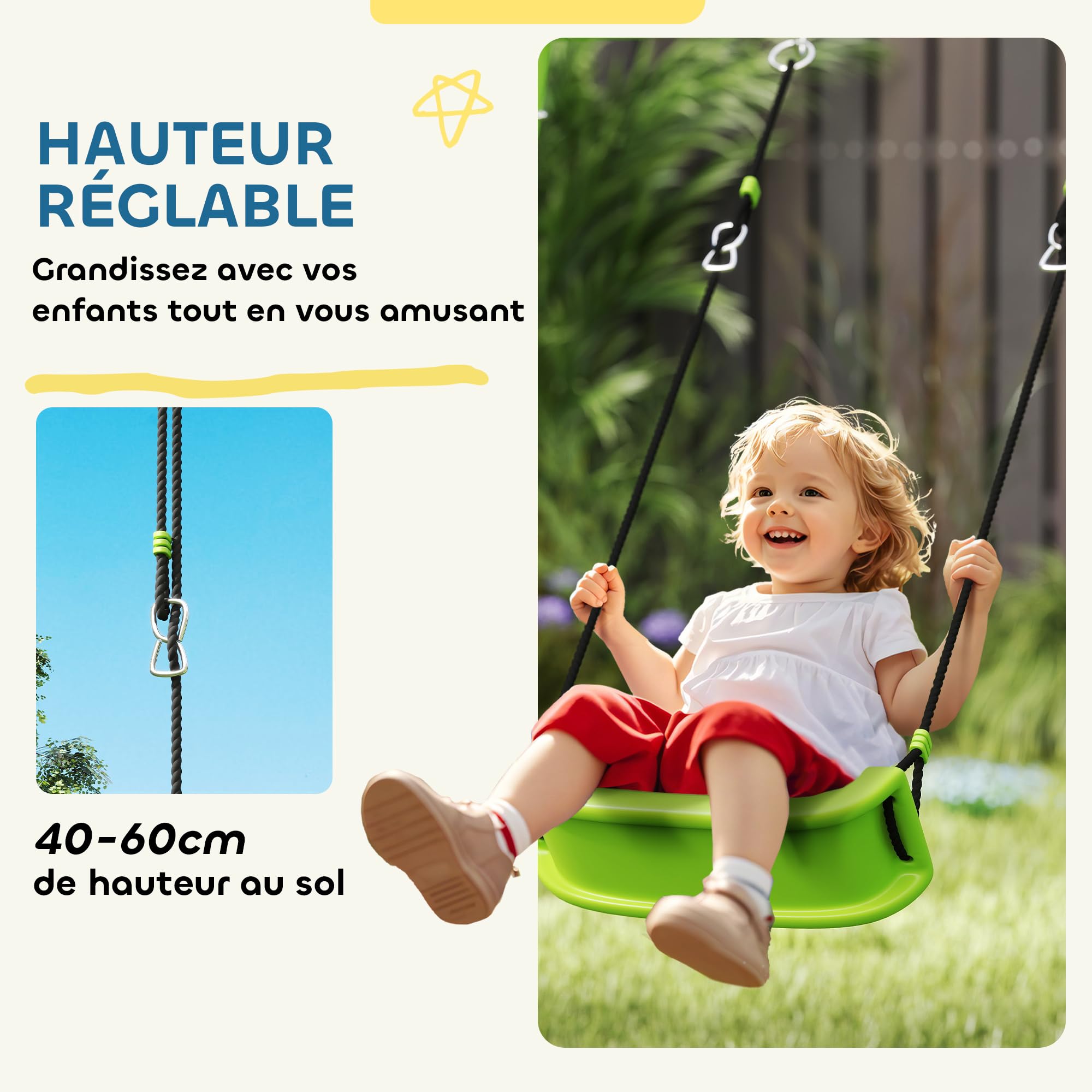 AIYAPLAY Balançoire Portique pour Enfant 4 en 1 pour 4 Enfants 135 kg Vert | 1 Agrès, 1 Face à Face, Panier de Basket-Ball, But de Football, Balançoire Enfant Extérieur, pour 3-8 ans