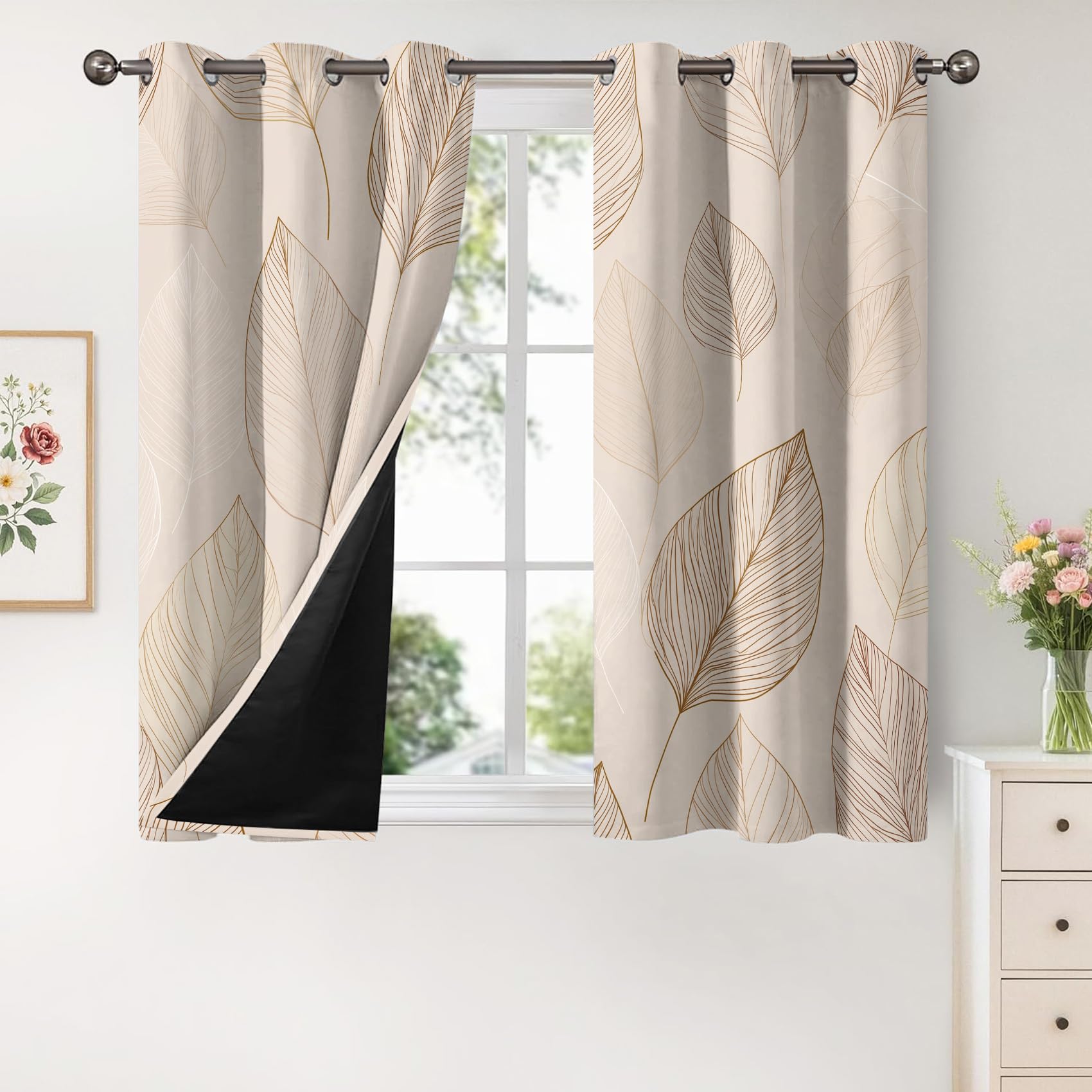 Générique Rideau Occultant Feuille, 117 x 137 (LxH) 2 Pieces, Opaque 95%, Motif Feuilles Plante Beige, Rideaux Fenetre Thermiques à Oeillets, Decoration Maison Salon Chambre GCB166