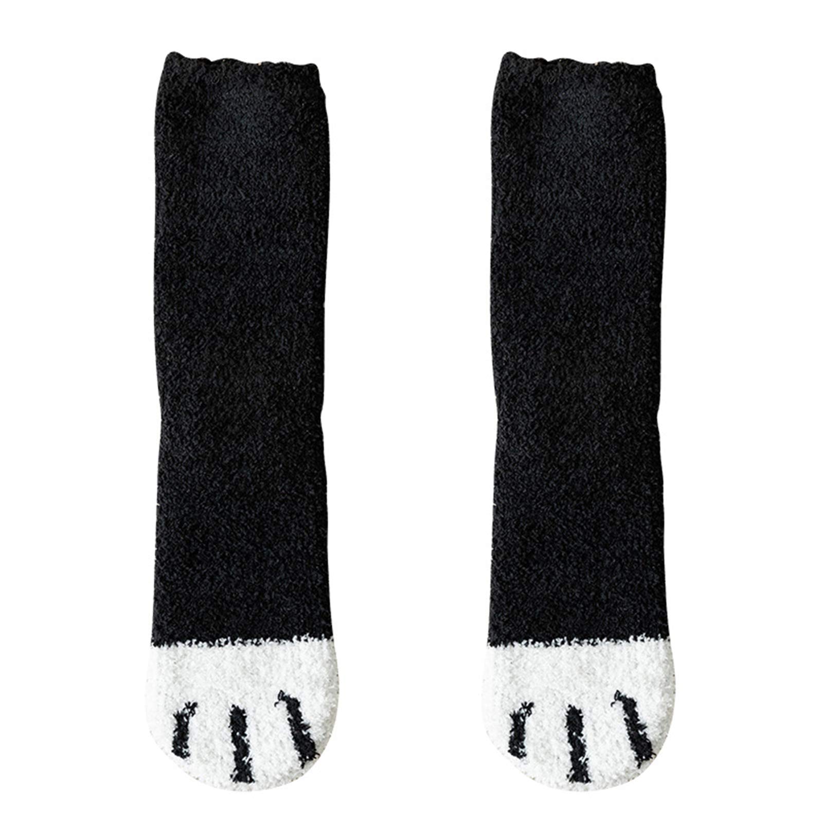Cikixz Women's Black Winter Indoor Home Sleeping Gril Thickening Winter Fluffy Fuzzy Warm Slipper Socks Cute Meow Cat Paws Print Hosiery Anti-Skid Socks (, 1 Pair)