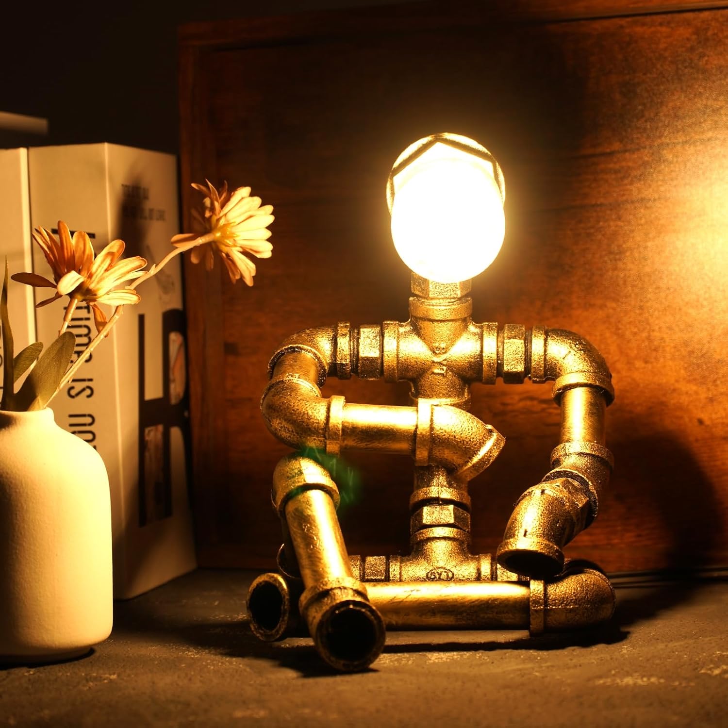 Steampunk Table Lamp, Vintage Industrial Metal Robot Table lamp, Creativity Water Pipe Table Lamp, Robot Style Desktop Light for Bedrooms, Living Rooms, Bars, Cafes, and Offices
