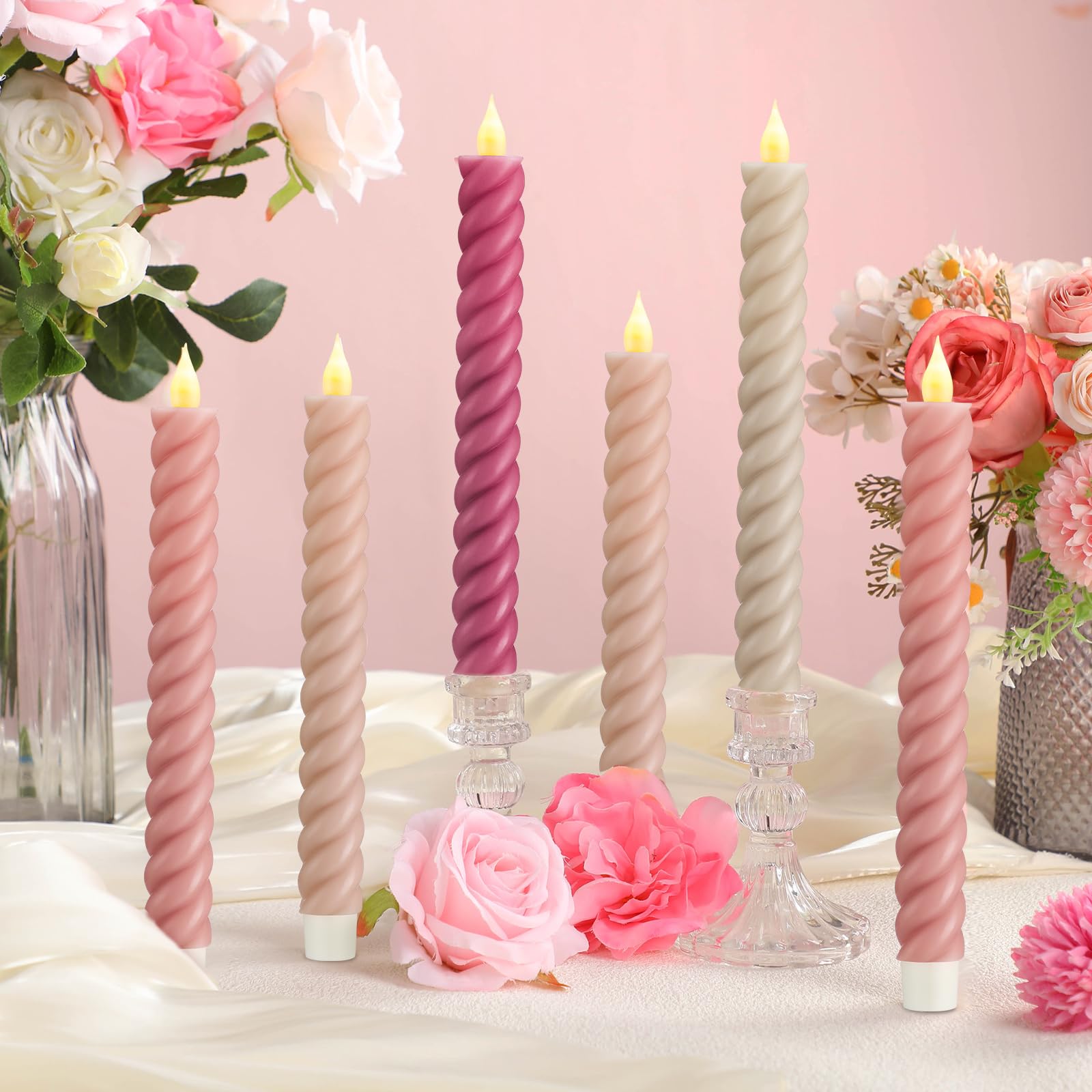 Baquler 6 Pcs Pastel Pink Flameless Taper Candle Twisted LED 9.65 Inch