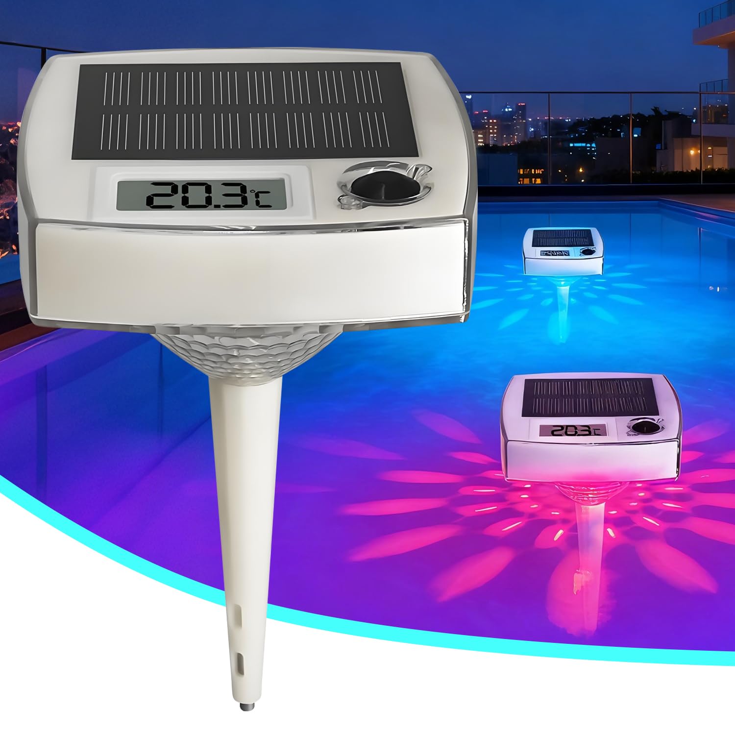 Termómetro Solar Flotante para Piscina, Digital con Luz Dinámica RGB, Pantalla LCD de Fácil Lectura, Resistente al Agua IP68, para Piscinas, Jacuzzis, Spas y Baños de Hielo