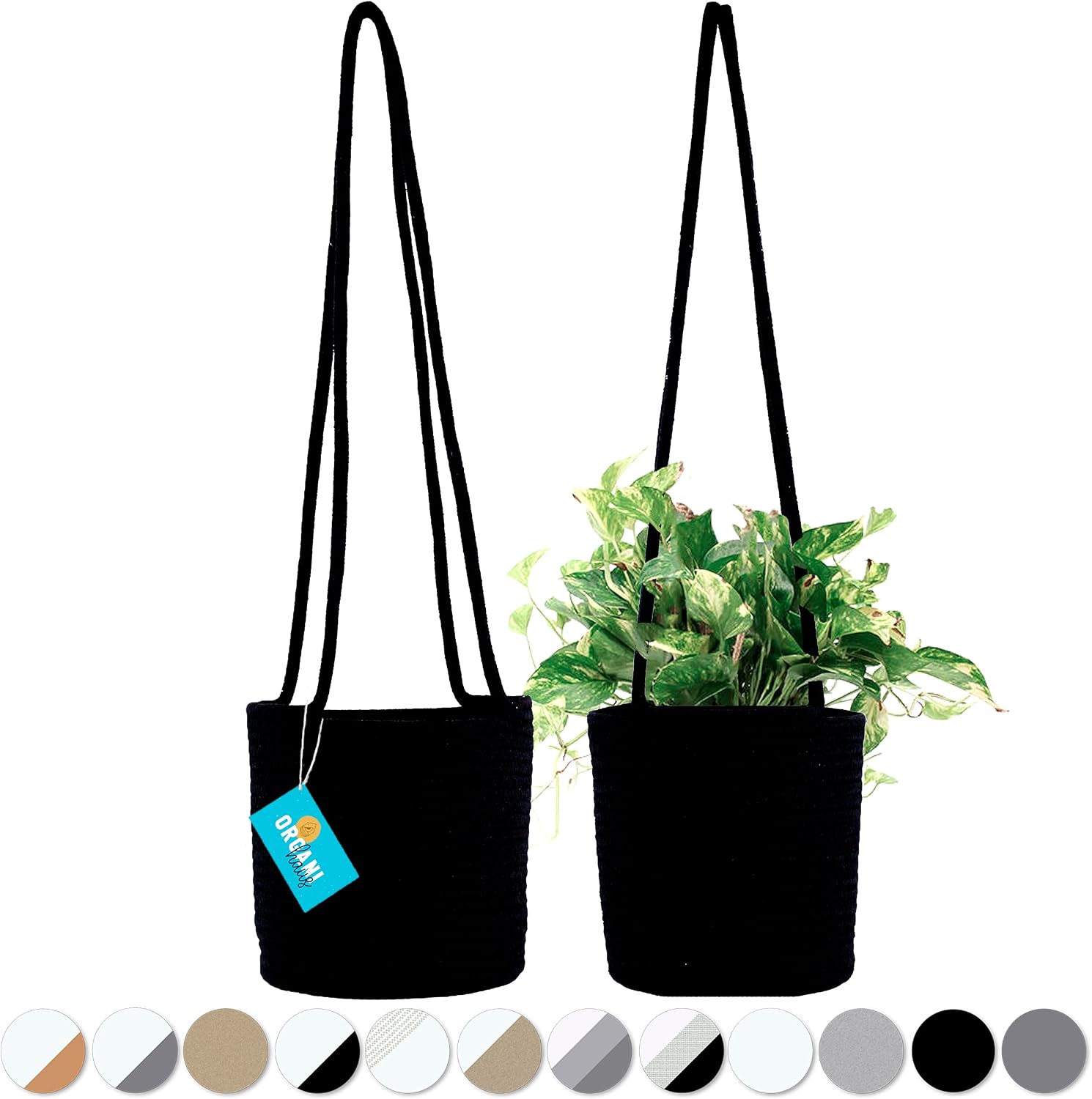 OrganiHaus Set of 2 Jute Rope Hanging Baskets for Plants 8x8 | Hanging Macrame Planters & Woven Plant Basket | Hanging Plant Basket for Indoor Plants | Hanging Plant Pots for Plants - Black Basket