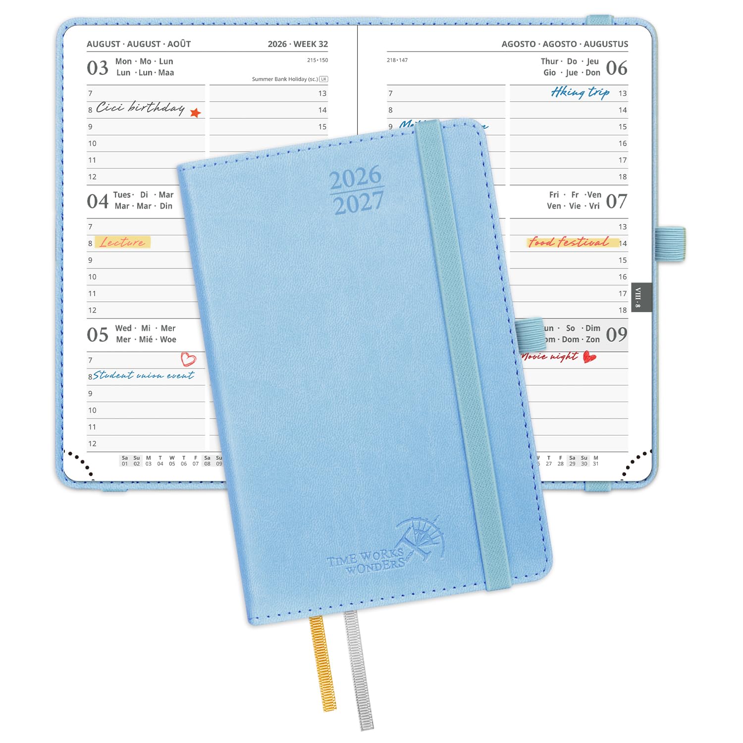 POPRUN 2026-2027 A6 Academic Pocket Diary Week to View Small PU Leather Cover (16x10.5 cm) 17 Months (Aug'26 - Dec'27), 26/27 Mid Year Weekly Planner(Blue)
