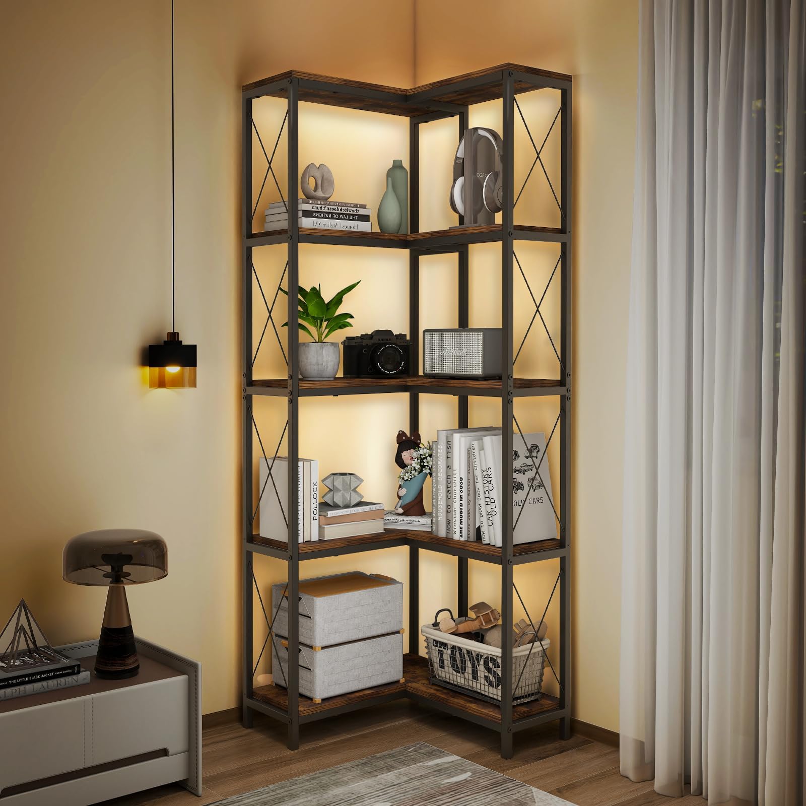 ELECWISH Corner Bookcase 5 Tiers, LED 170cm Corner Shelf Unit, Tall bookcase with Metal Frame and Open Shelves, Corner Bookshelf for Living Room, Bedroom and Study, Brown